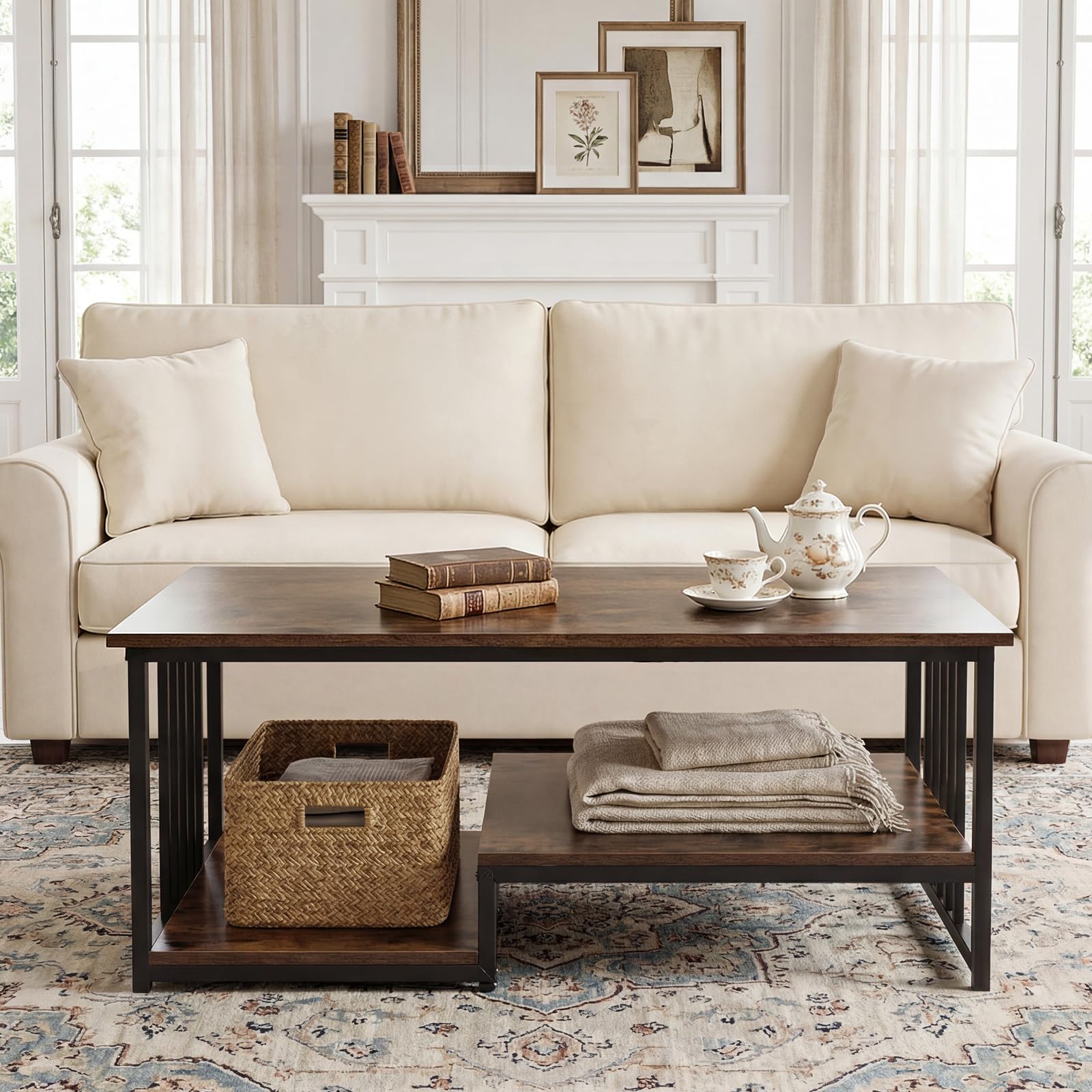 COSTWAY Table Basse Marbre, Table Basse Salon Rectangulaire avec 2 Étagères, Cadre en Métal Noir, Effet Marbre Gris, pour Salon, Maison, 110 x 60 x 45 cm (Marron Rustique)