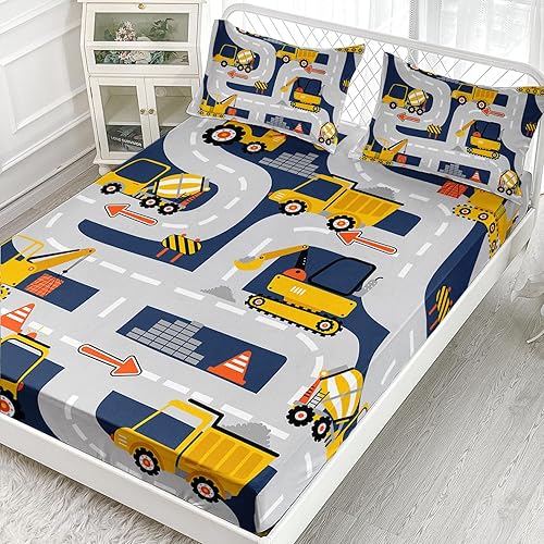 Miniatura 2 de AILONEN Juego de sábanas bajeras de tamaño matrimonial con diseño de excavadoras, vehículos de construcción de dibujos animados, para niños, niños,