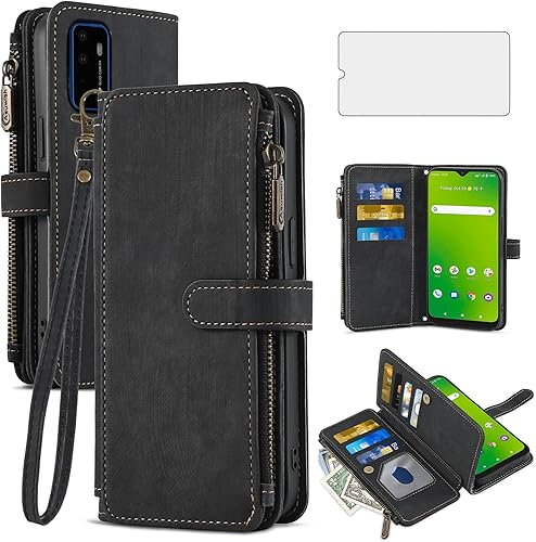 Asuwish Funda de teléfono para Cricket Dream 5GAT&T Radiant Max 5G Funda tipo cartera y protector de pantalla de vidrio templado, soporte para