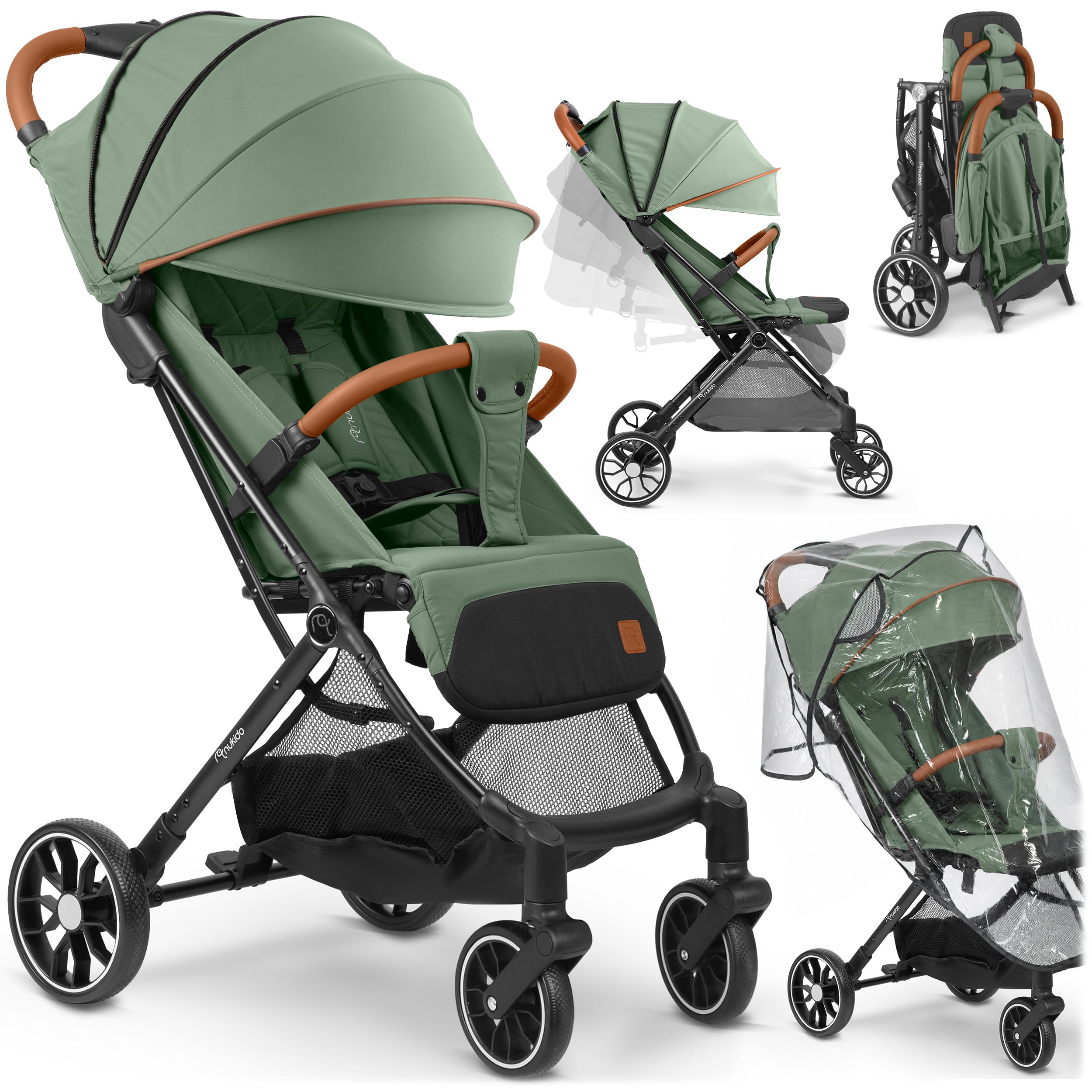 Nukido Poussette Canne Pour Bébé 0-36 Mois 0-15 kg Pliage Automatique En 2 Secondes Roues Avant À 360° Amorties Grandes Roues Arrière Tout-Terrain Vert Paseo