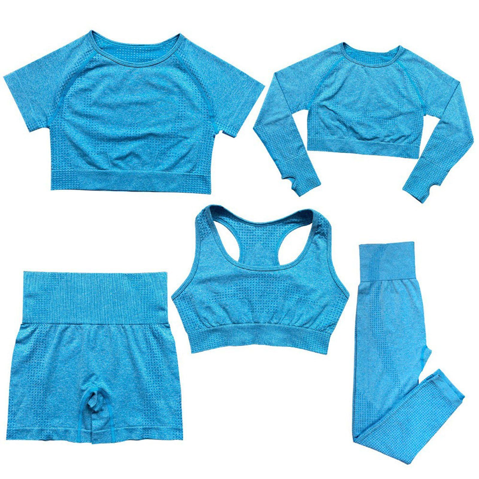 Generisch Set da yoga da donna, 5 pezzi, senza cuciture, con leggings, pantaloncini, reggiseno sportivo e magliette, set completo di abbigliamento sportivo per palestra