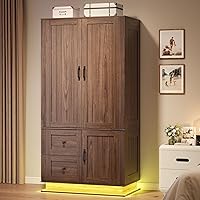 LIKIMIO 70" Farmhouse Walnut Wardrobe Armoire with LED Lights, Hanging Rod, 2 Drawers & Cabinet - Bedroom Closet Storage