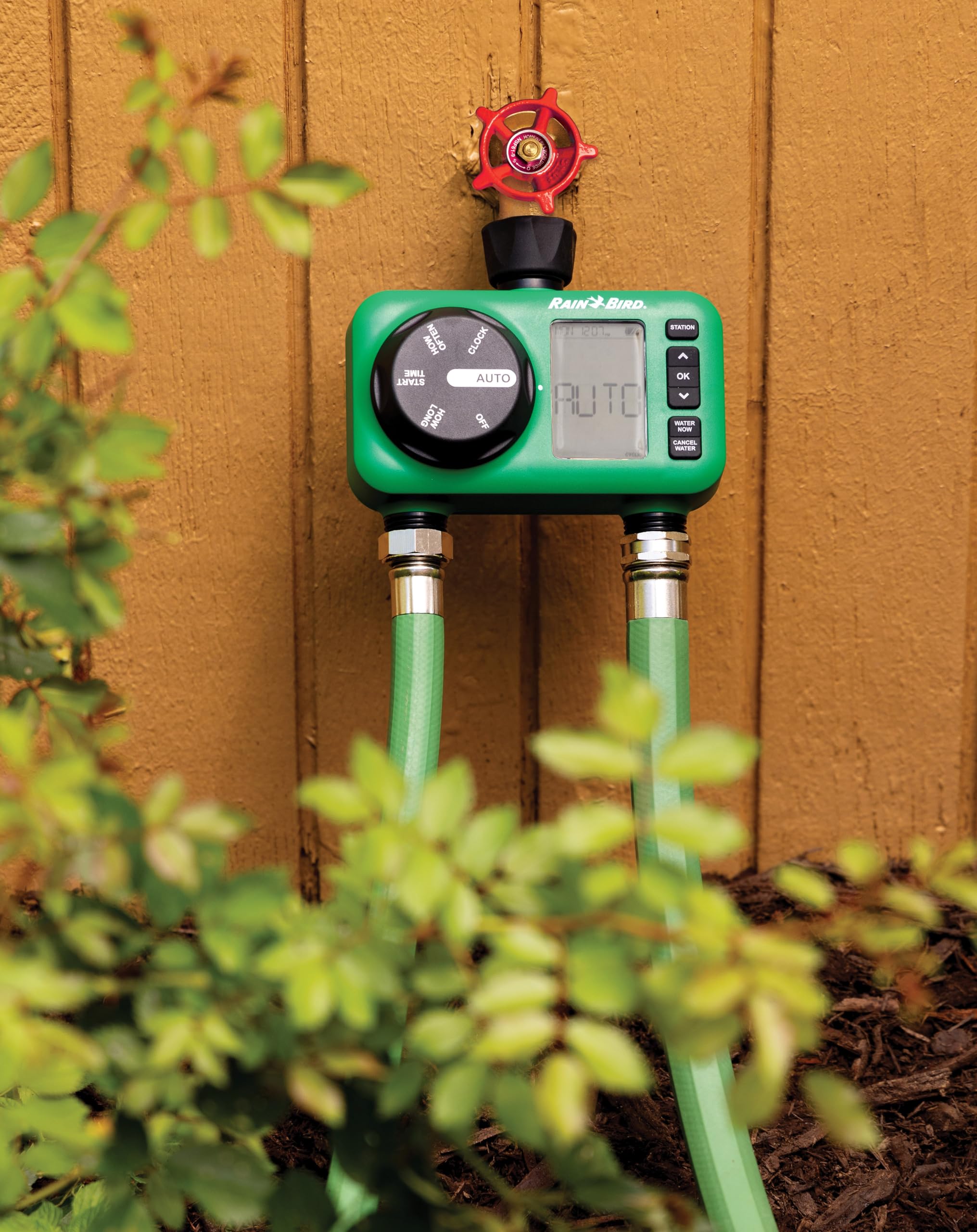 Rain Bird HET200 Elektroniczny cyfrowy timer do nawadniania/nawadniania, zasilany bateriami, gwint węża ogrodowego 3/10.2 cm, wytrzymały mosiężny wlot, 2 gniazda/porty