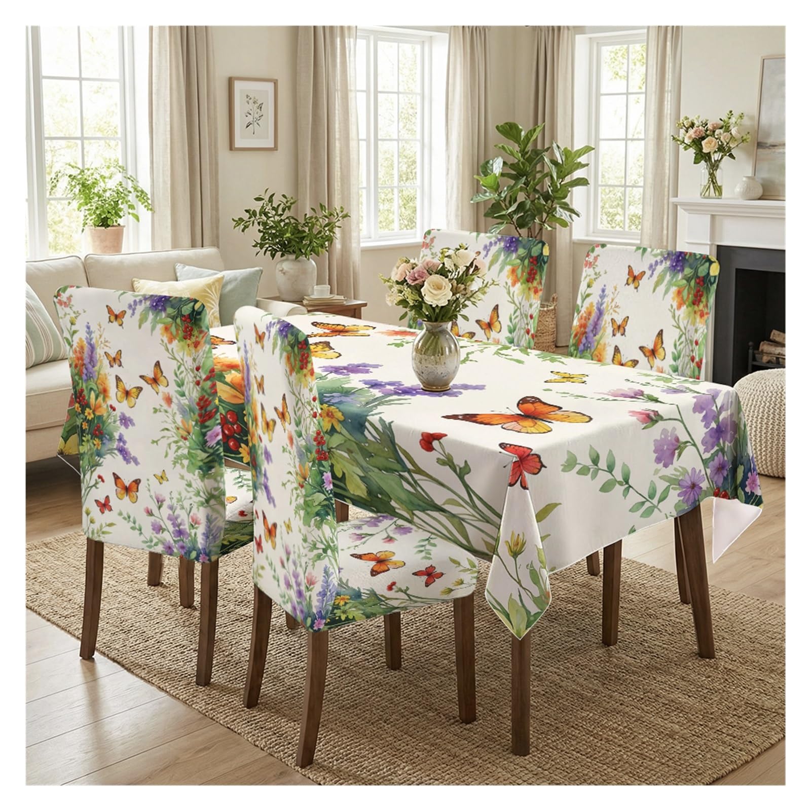 BOSUYBN Colorful Butterfly Floral Print Dining Tablecloth & Chair Cover Set, 5/7 Piece Botanical Slipcovers For Dining Kitchen Table Setting(5pcs Set: Tablecloth+Chair Covers)