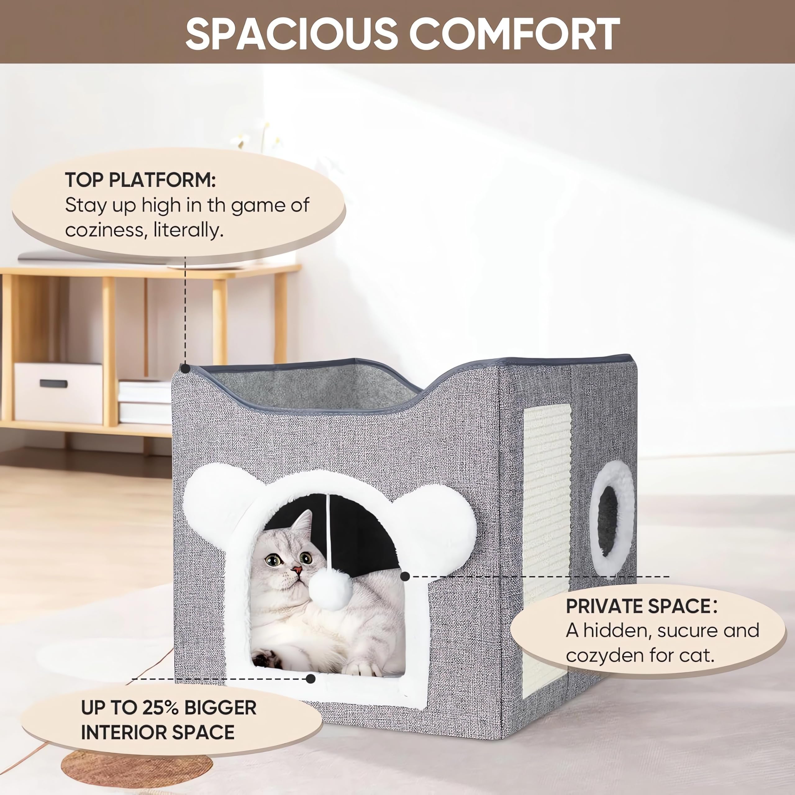 سرير للقطط الداخلية من بابونا، سرير قطط كبير بطبقتين للحيوانات الاليفة مع لوح خدش وكرة منفوشة للحيوانات الاليفة الصغيرة والمتوسطة في الاماكن المغلقة، 40×40×39 سم