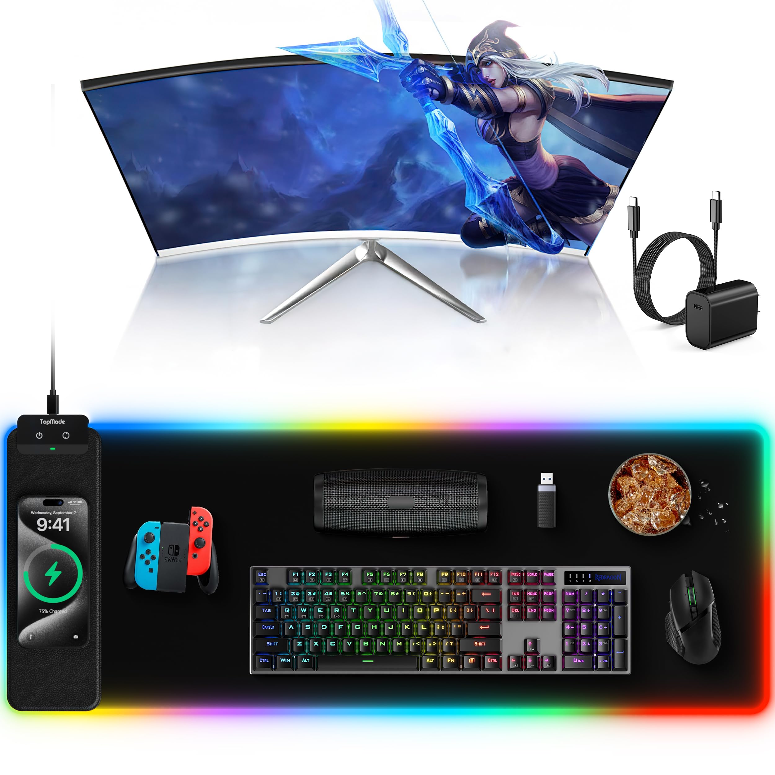 TopMade Alfombrilla de mouse RGB para juegos, alfombrilla de mouse de carga inalámbrica de 15 W con 13 modos de luz, superficie ultrasuave, base antideslizante, alfombrilla de teclado impermeable