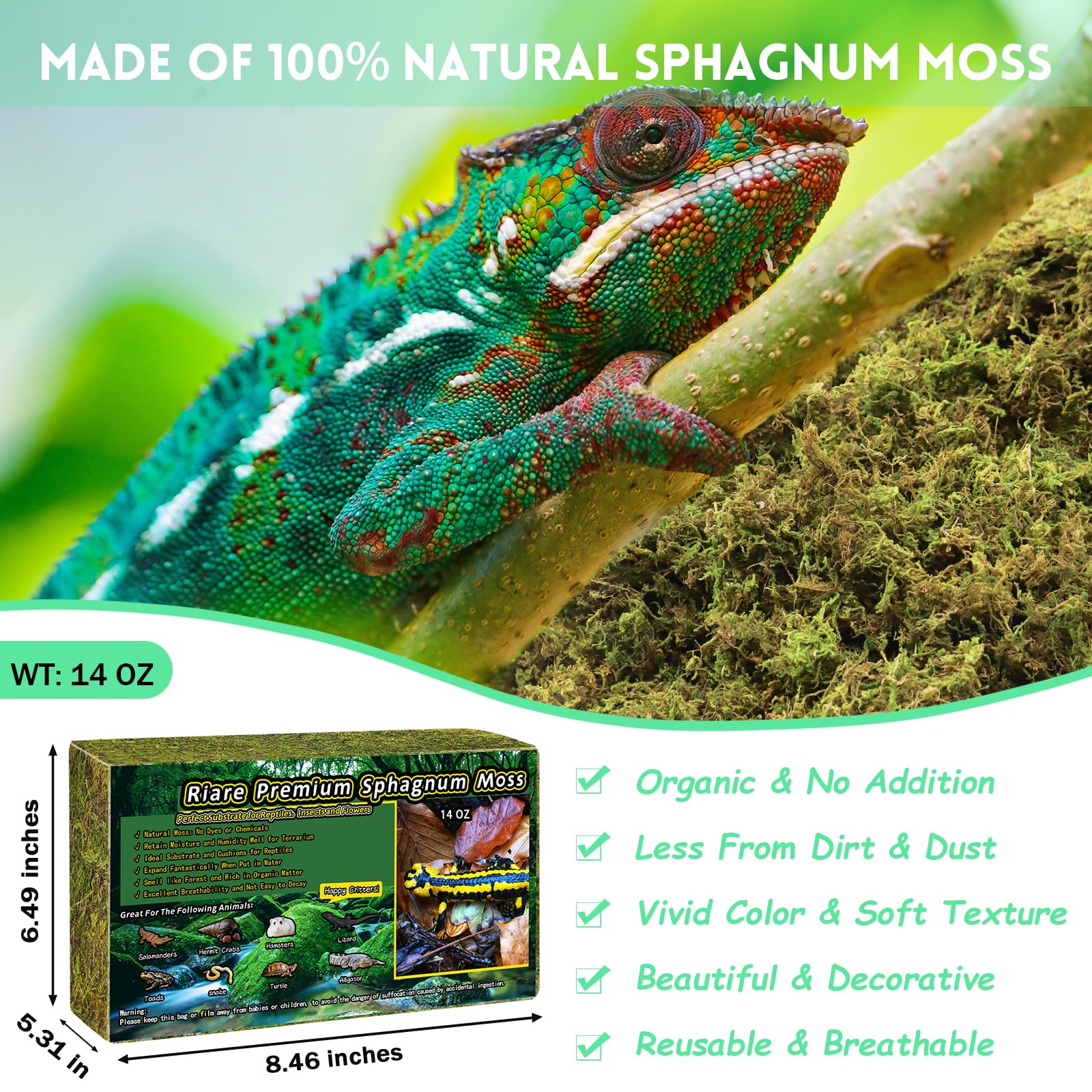 Riare 400g Natural Sphagnum Moss for Reptile,Forest Moss Reptile Substrate for Reptiles & Amphibians Snakes, Gecko, Turtles - Image 2