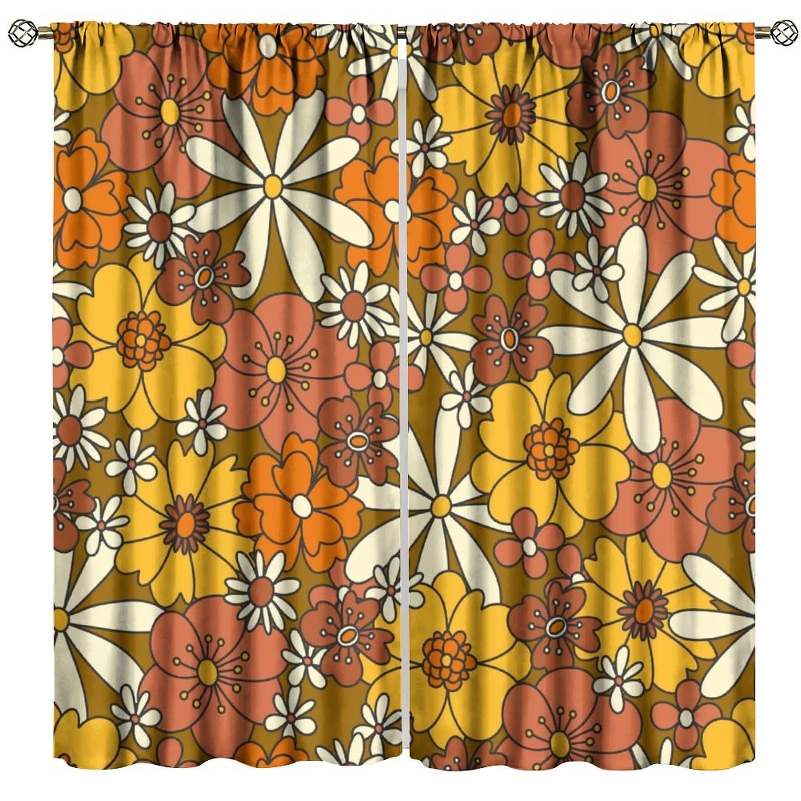 BenYaSong 70s Blackout Window Curtain, Vintage Retro Orange Daisy Floral Hippie Groovy Cute Flower Aesthetic Boho for Home Kitchen Restaurant Decoration Window Drapes 2Panel 52" W X 84" L