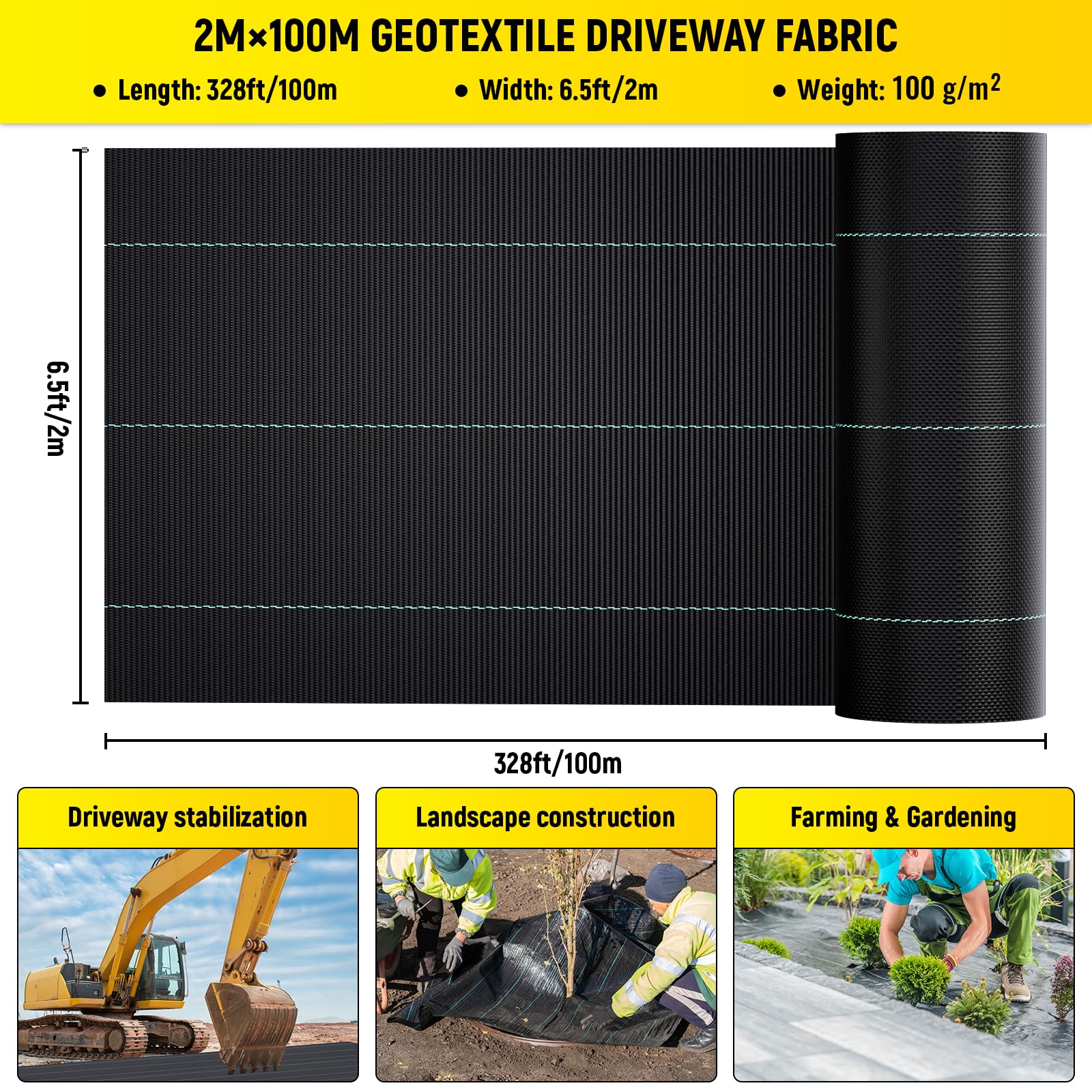 VELPAX Unkrautvlies Gartenvlies, 2m x 100m 100g/m2 Extrem Reissfest und Hohe UV-Stabilisierung,Rolle Unkrautfolie Extra Stark Gegen Unkraut, robuster französischer