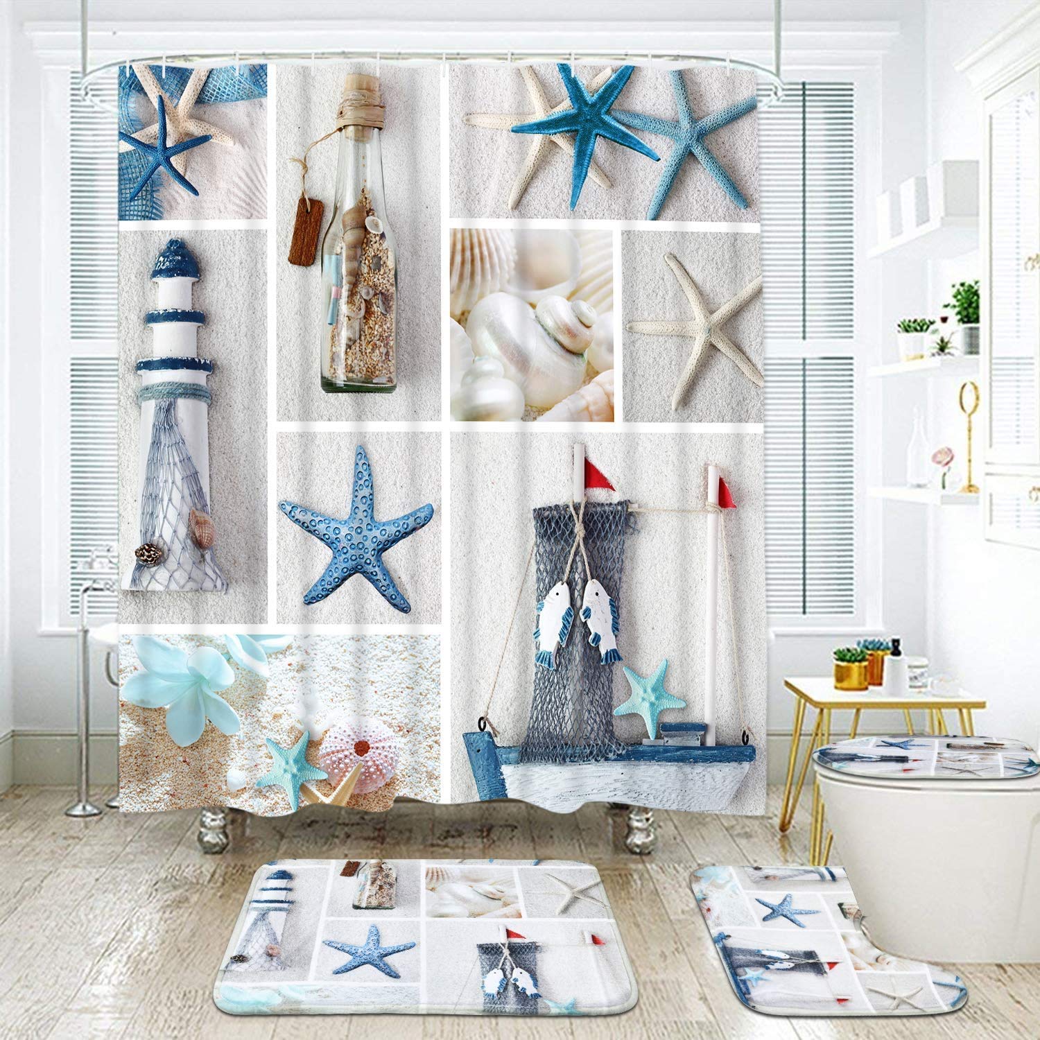 Coolchic 4 PCS/SET Nautical Shower Curtain with Non-Slip Rugs, Toilet Lid Cover and Bath Mat, Marine Sail Curtain, Durable Waterproof Boat Beach Shower Curtain, Toilet Mat