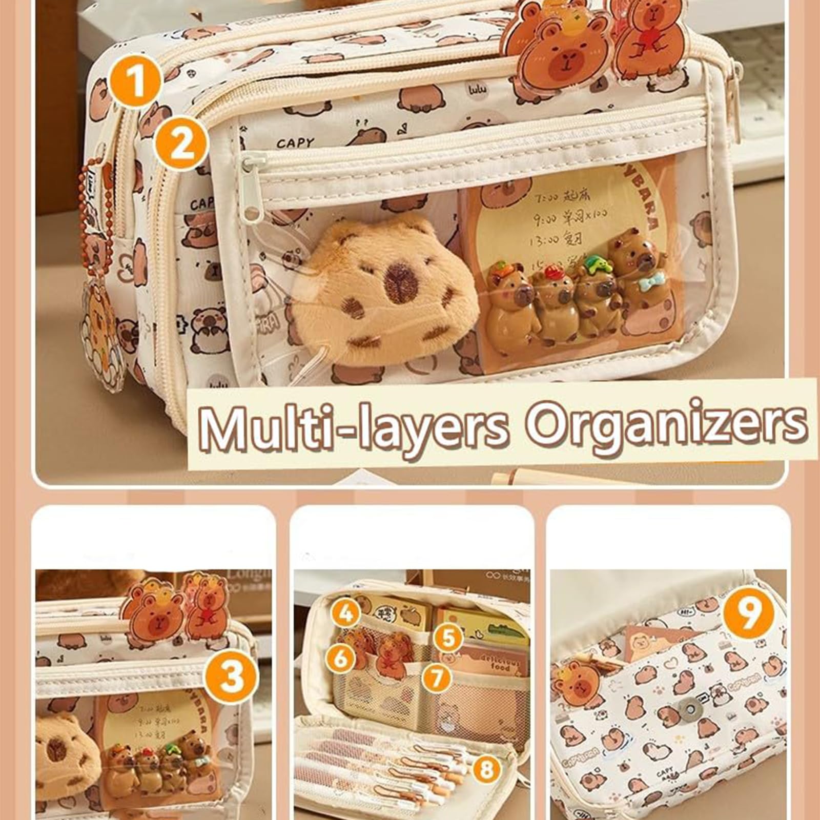 FloralGrace 1 Piece Fold-over Pencil Case Cute Pencil Bag with Kawaii Capybara Decor - Image 4
