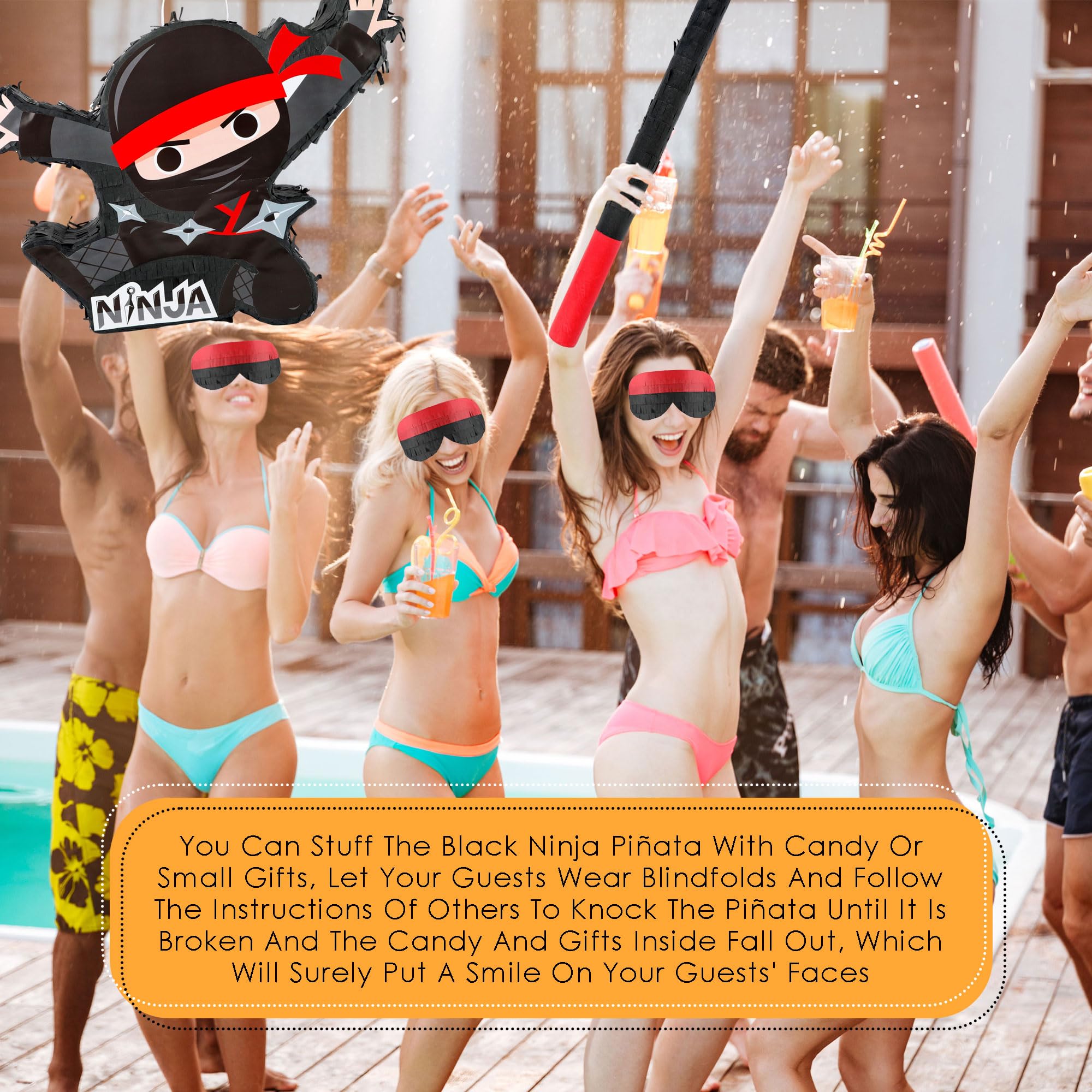 Black Ninja Pinata Ninja-Themed Piñata Bundle Paper Cool Warrior Design Pinata with Stick Blindfold Confetti for Birthday Party Decor Props - Image 7