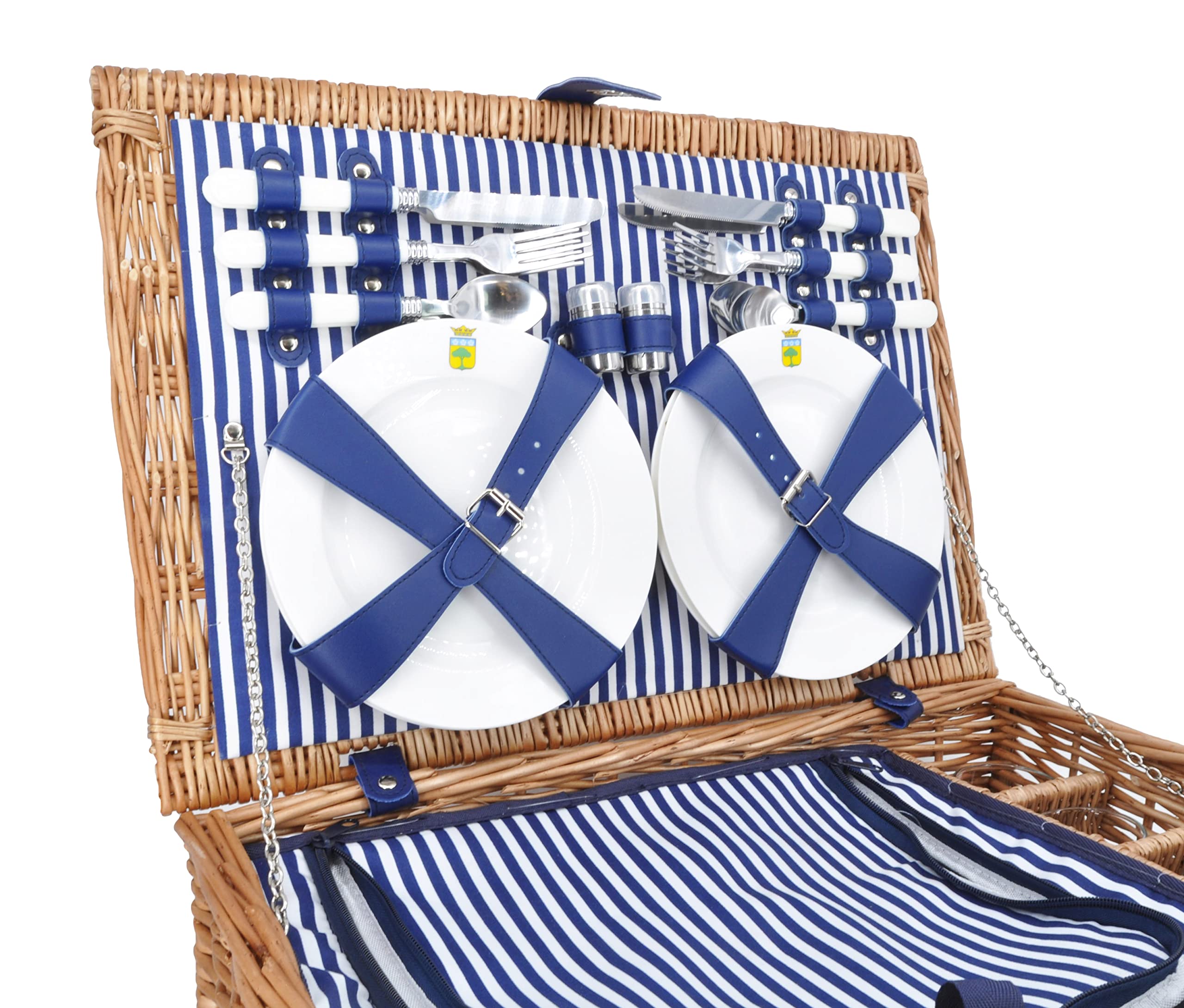 Les Jardins de la Comtesse - Panier Pique-Nique Fontainebleau en Osier - 4 Personnes - Glacière Isotherme/Assiettes Céramiques/Verres à Vin en Verre - Tissu Rayures Verticales Bleues- 50 x 36 x 22 cm