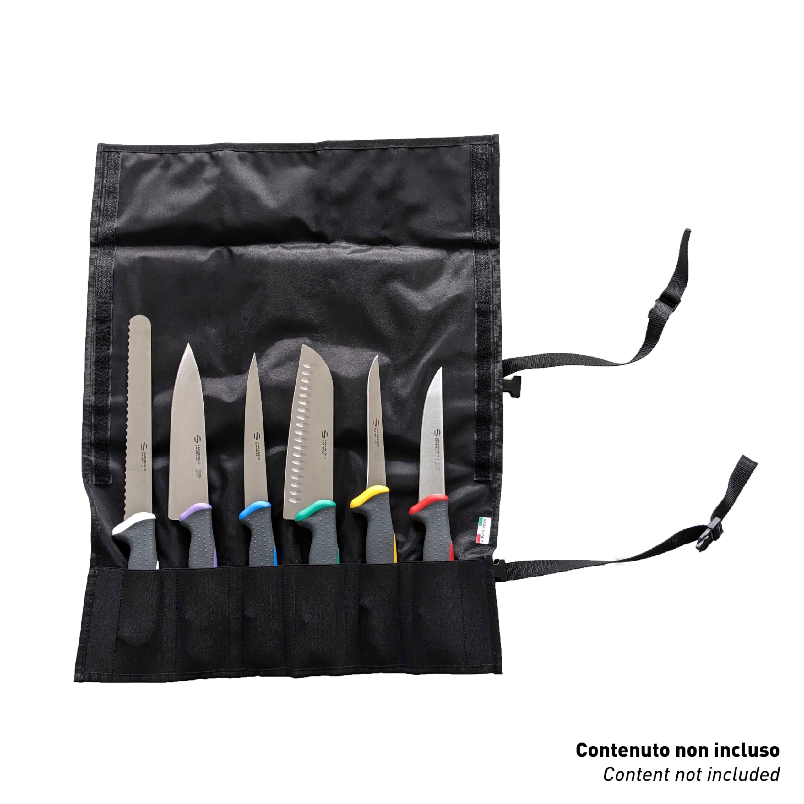 Ambrogio Sanelli - Rollo porta cuchillos Chef, funda para 6 cuchillos/accesorios, apto para cuchillas de hasta 30 cm, 2 hebillas ajustables y asa de transporte, práctico y seguro, 48 x 62 cm
