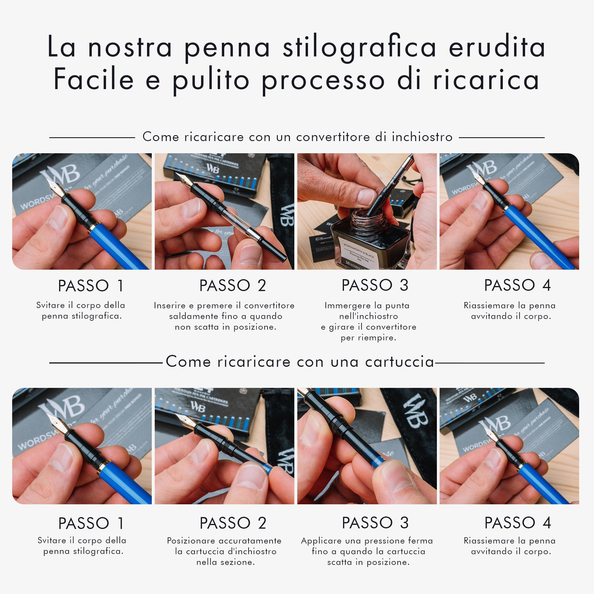 Wordsworth & Black Set di penne stilografiche, pennino medio in oro 18 carati, include 24 cartucce d'inchiostro, convertitore di ricarica e confezione regalo, finitura oro [Blu Imperiale]
