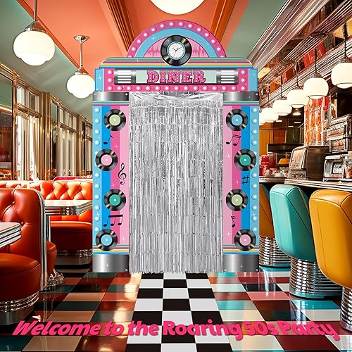 Miniatura 5 de VitalCozy 7 piezas de decoraciones de fiesta de los años 50 retro de los años 50, pancartas de fiesta de comedor negro y blanco, alfombra de cuadros