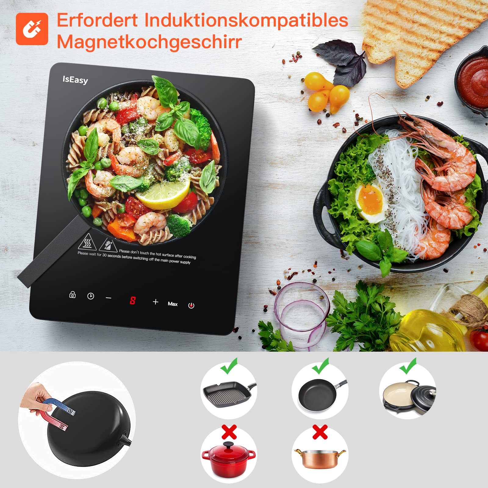 Induktionskochplatte, IsEasy Induktionskochfeld 1 Platte 2100W, 28cm Kochplatte, Tragbares, mit Stecker, 9 Heizstufen, 8-Stunden-Timer, Touch-Steuerung, Booster-Funktion, Schwarz…