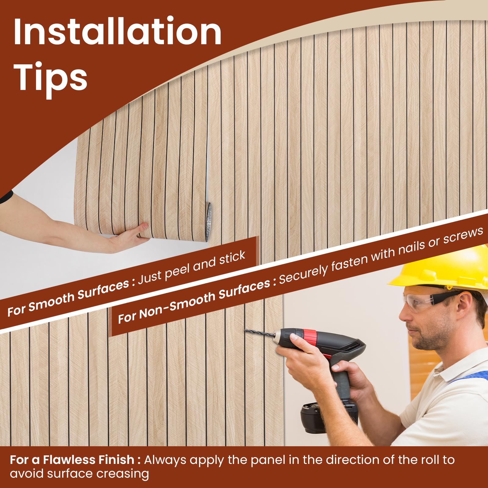 Panel de pared de listones gruesos autoadhesivo 3D de grano de madera | Adhesivo de papel tapiz insonorizado resistente a la humedad para pared y techo (299,7 x 40 cm)
