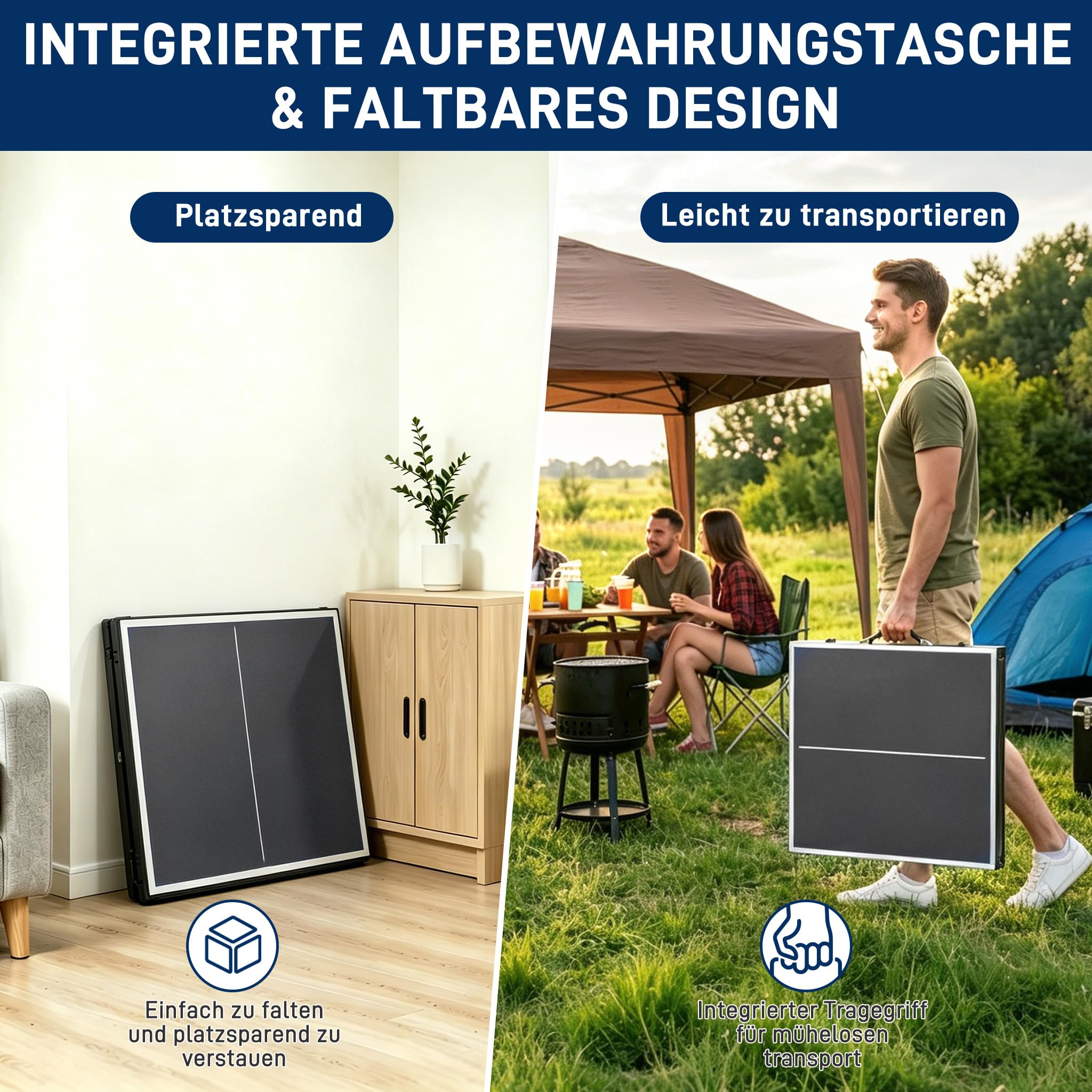 YRHome Mini Tischtennisplatte Klappbar 153x75x80cm, 14mm Laminierte MDF Tischtennistisch mit Verzinktem Stahlgestell, Tragbar Koffer-Design inkl. 2 Schläger 5 Bälle Netz Aufbewahrungstasche