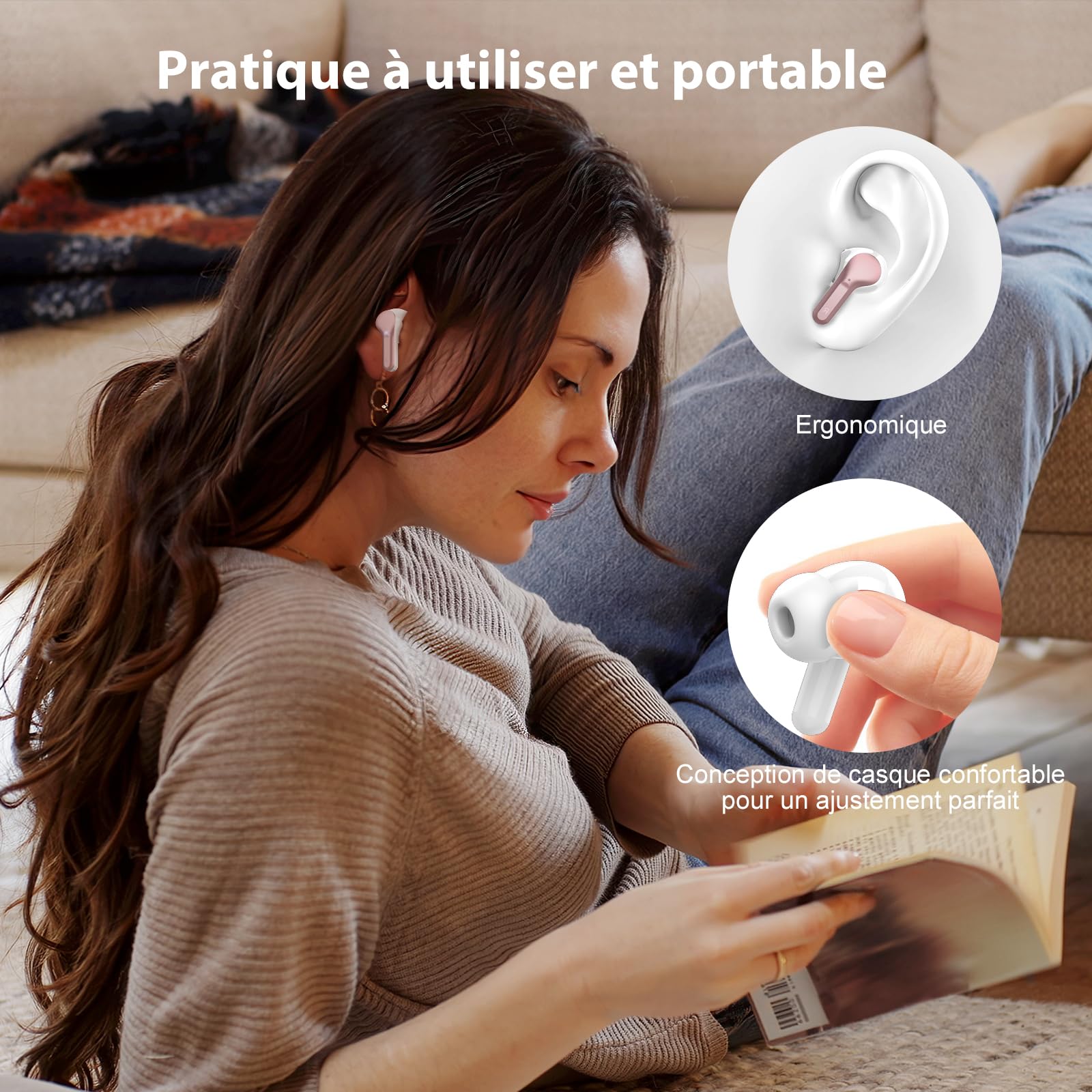 BESNOOW Ecouteurs Bluetooth sans Fil, Écouteurs 5.3 Oreillette Bluetooth Basses Immersives avec 4 ENC Mic, Casque sans Fil 40H avec Écran LED, Étanche IP7 Contrôle Tactile, Or Rose