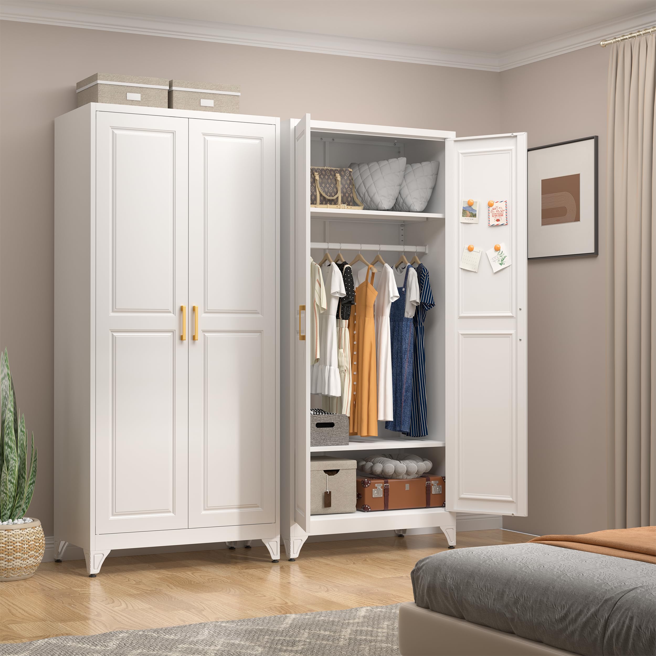 UNICOLY Armoire Wardrobe Closet with Doors, 71'' Wardrobe Cabinet with Hanging Rod, Metal Closet with 2 Adjustable Shelves for Bedroom School, Employee, Gym, Armarios De Ropa para Dormitorio, White