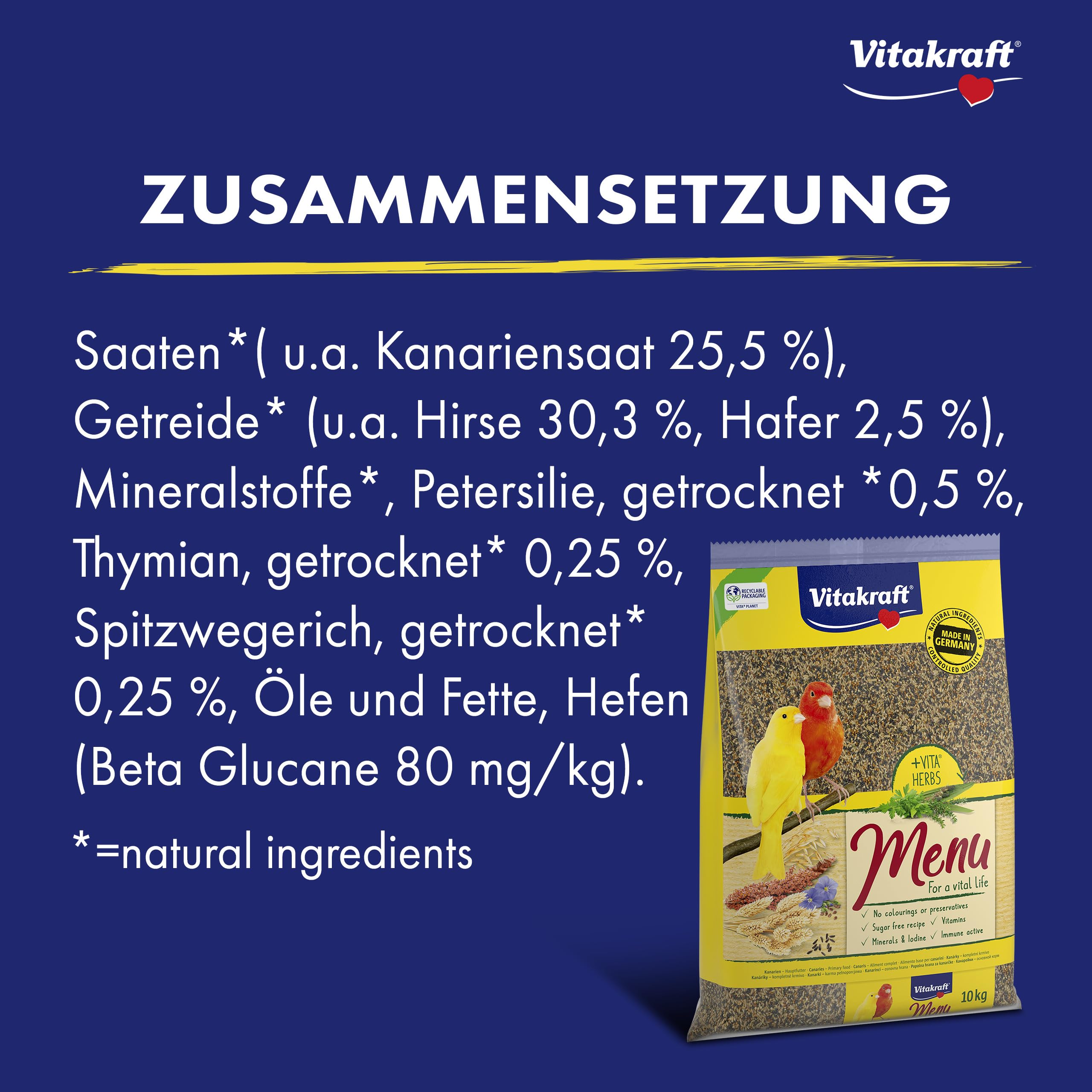 Vitakraft Menu 10 kg, mangime principale per canarini, con vitamine, complesso attivo immunitario ed erbe aromatiche (1 x 10 kg)