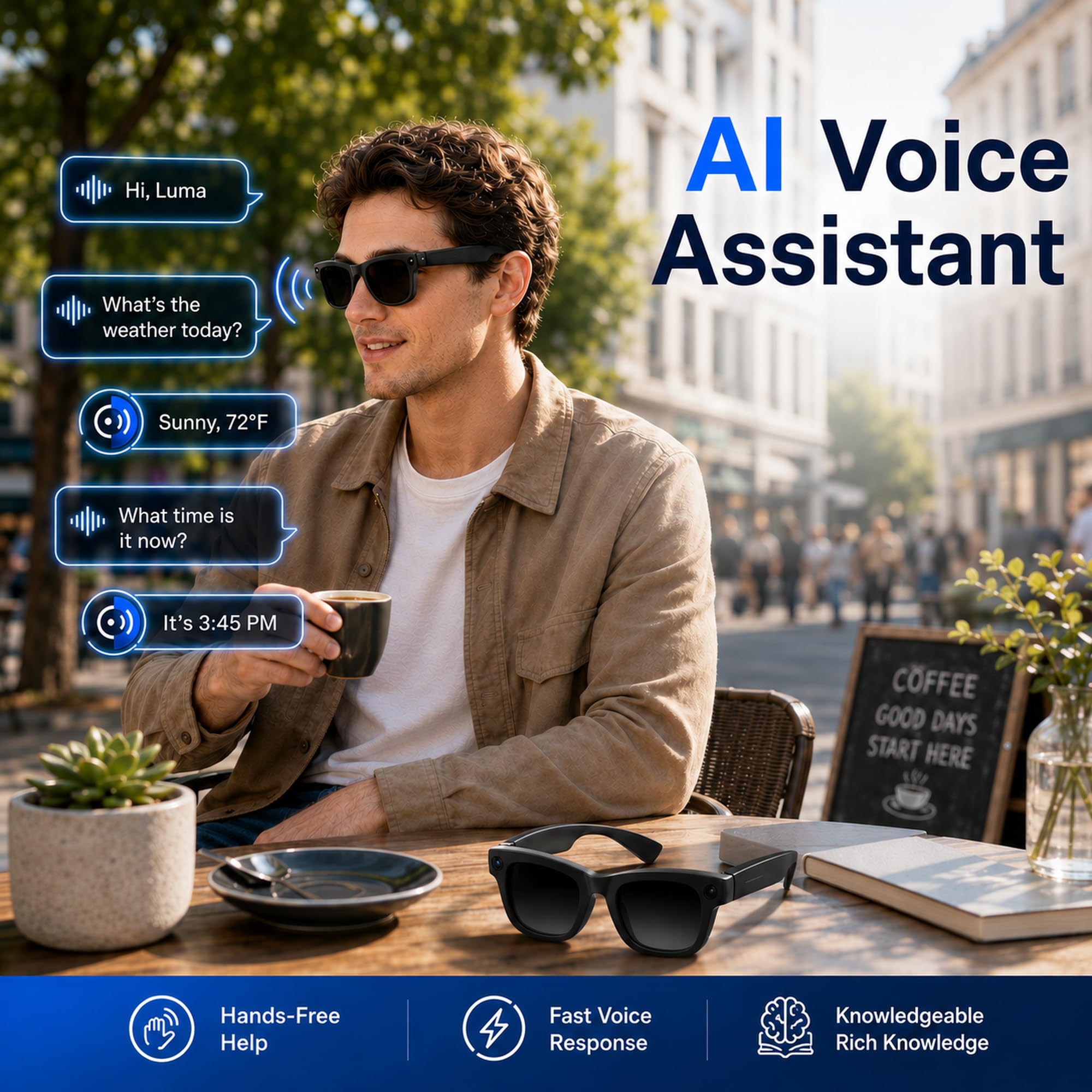 AI Smart Glasses Lunettes Intelligentes avec Caméra Vidéo Appels Bluetooth | Lunettes Connectées IA Caméra 8MP Vidéo 1080P EIS Traduction en Temps Réel Reconnaissance d’Objets IA Musique Vlog et Voyage