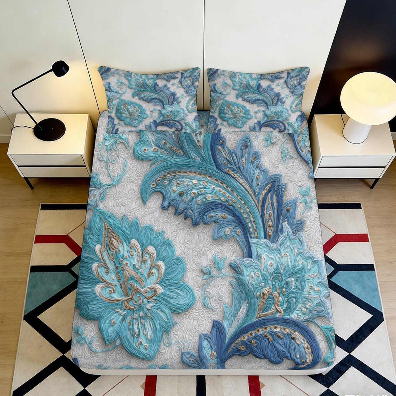 3D Printed Blue Paisley Fitted Sheet Microfiber Soft Decorative Floral Bed Cover for Bedroom Guest Room Easy Care 90x200x25cm