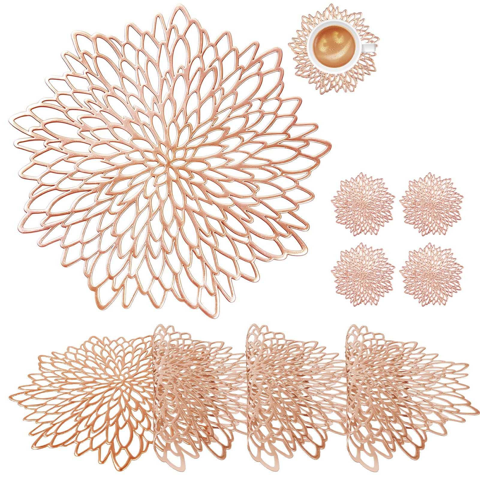 wiipara 4er Set Platzsets Tischsets Abwaschbar, Moderne Platzdeckchen Rund, Weihnachten Dekorative Tischunterlage Esstisch Platzteller Platzset Rund für Zuhause Hochzeit (Rosa-Gold, mit Untersetzer)