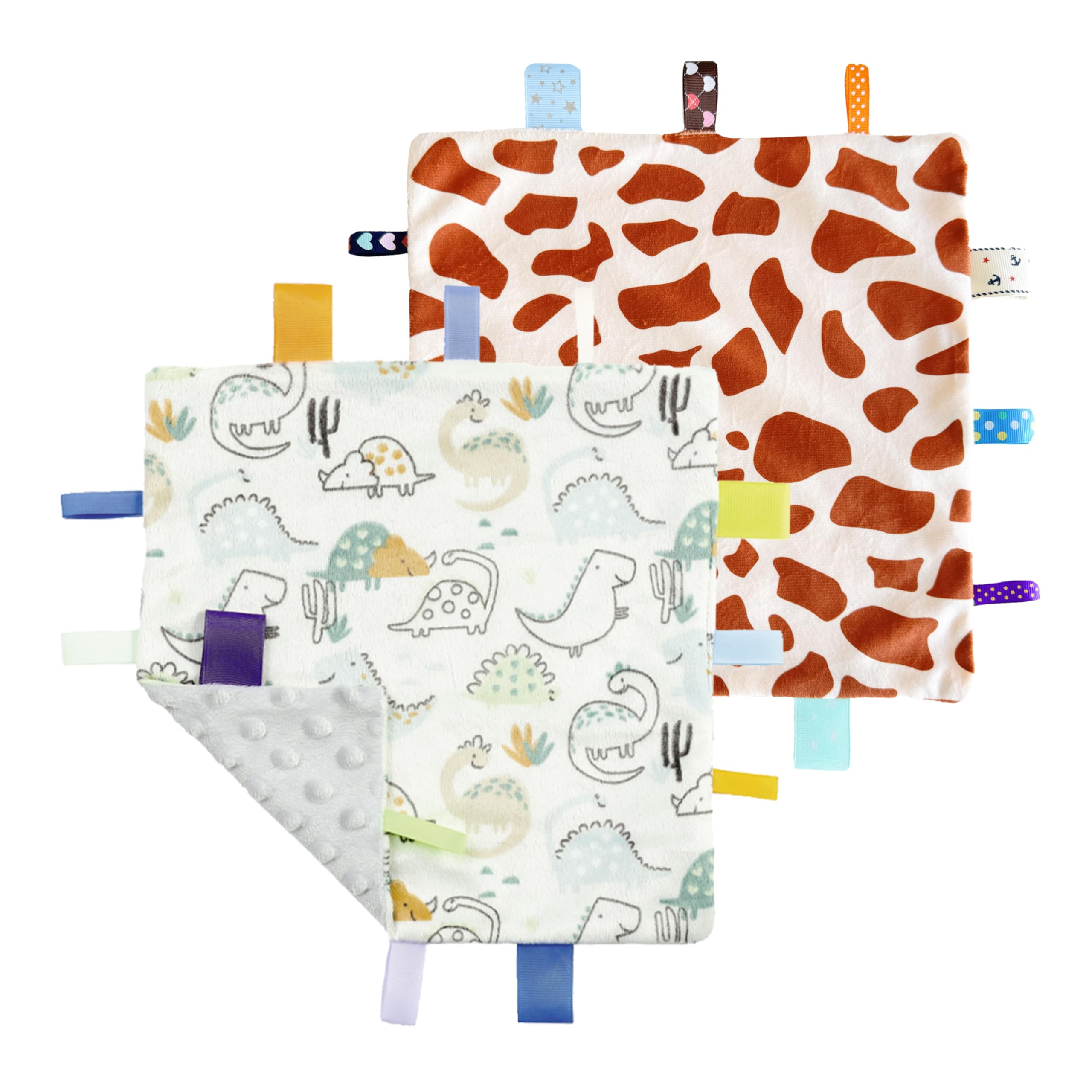 CREVENT Tag Security Blankets for Babies, Soft Small Loveys for Boys, Baby Comforter Sensory Blanket, Great Gifts for Birthday Baby Shower (24X24cm GiraffeDot+Dinosaur)