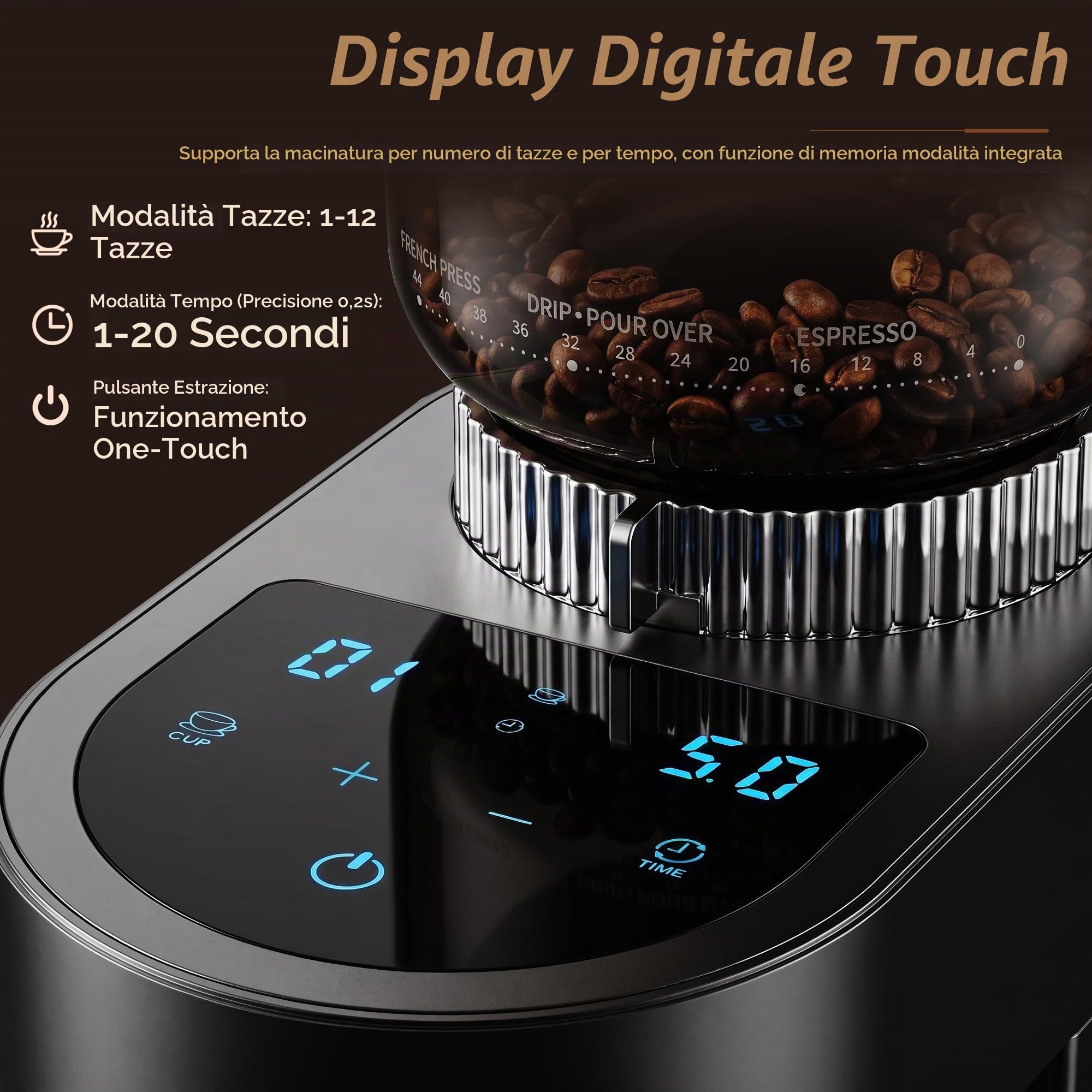 Macinacaffè elettrico, 60 gradi di macinazione, macinino conico da 48 mm, macinino per chicchi di caffè con supporto portafiltro e soffietto, display touch digitale, per espresso, French press