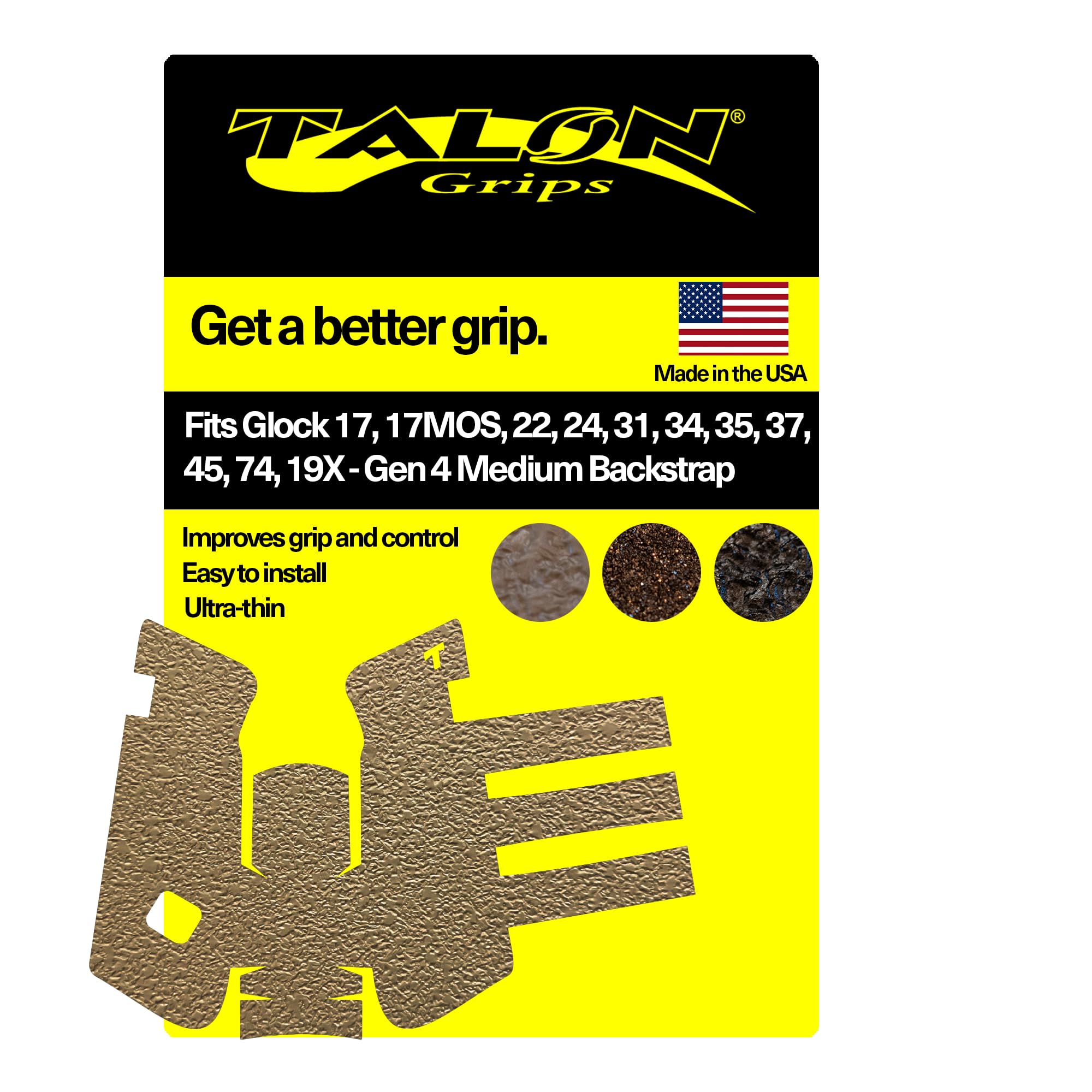 Talon Grips - Adhesive Grip for Glock 17, 17 MOS, 22, 25, 31, 34, 35, 37, 45, 74, 19X - Made in The USA - Easy Installation, Superior Traction, Performs in All Conditions