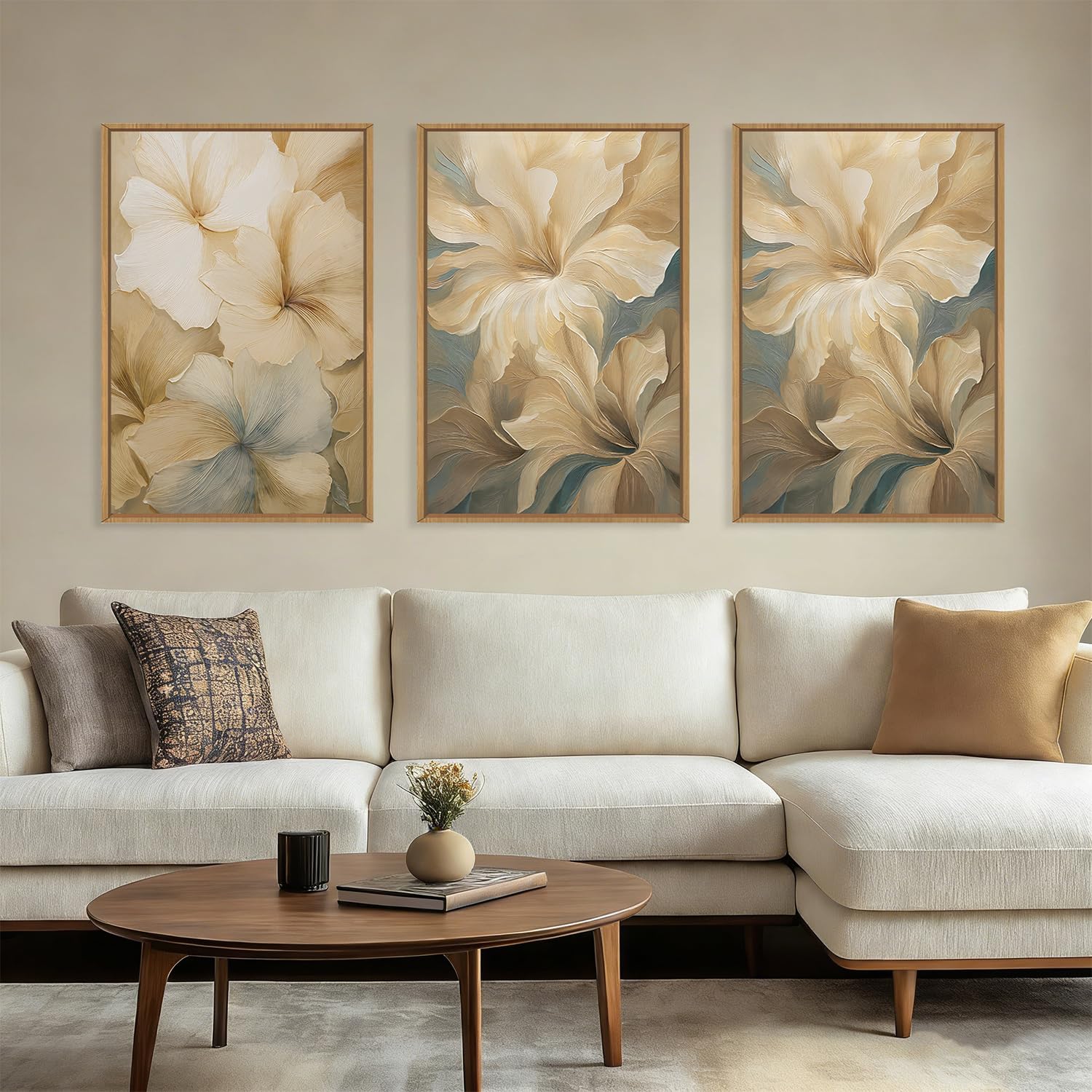 KAIRNE Neutral Beige Flower Framed Canvas Wall Art Set, Modern Magnolia Floral Wall Decor,Aesthetic Warm Wildflower Art Prints,Boho Botanical Artwork for Living Room,Bedroom,Farmhouse,Office-16"x24"x3