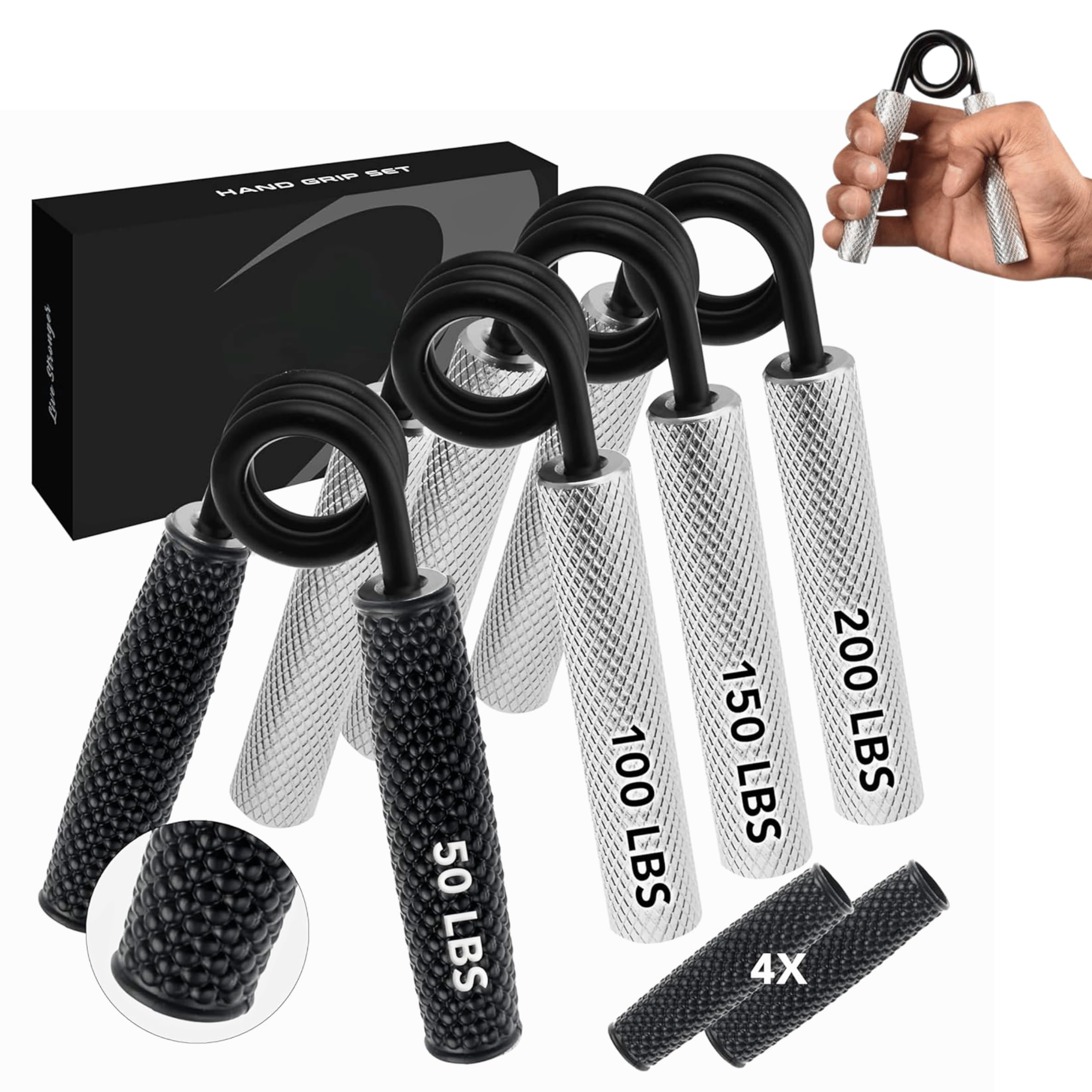 Drumstone 𝟓+𝟓 𝐘𝐄𝐀𝐑 𝐆𝐔𝐀𝐑𝐀𝐍𝐓𝐄 Heavy-Duty Hand Grip Strengthener Set with No-Slip Alloy Handles, Adjustable Resistance, Wrist & Forearm Exerciser, Portable Home Gym Tool -SILVER/BLACK-image-20