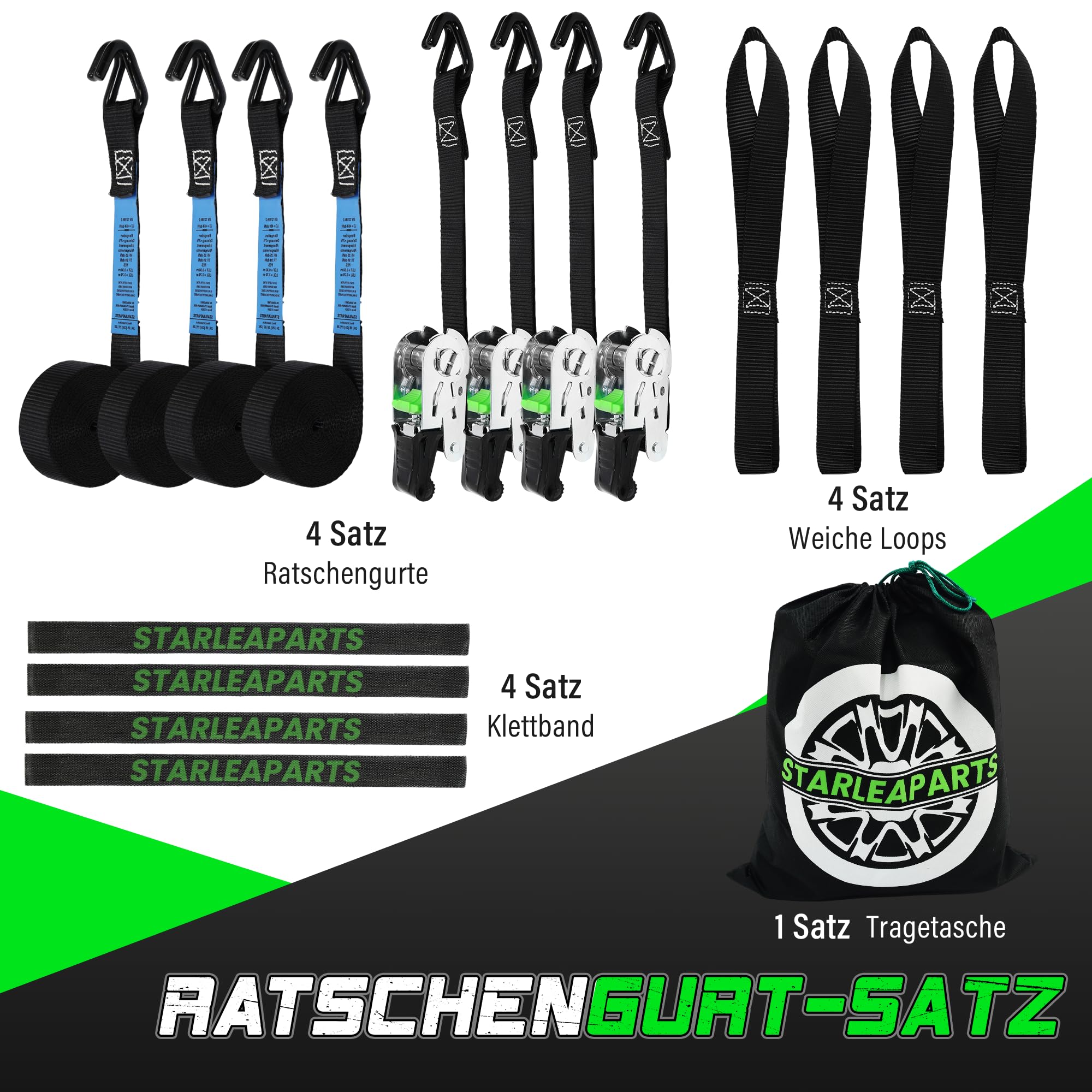 StarLeaparts Spanbanden, met ratel, 4 stuks, breukvastheid 900 kg, 25 mm x 4 m, sjorbanden met ratelset, spanbanden met haken voor motorfiets, verhuizingsapparaten en vracht, groen