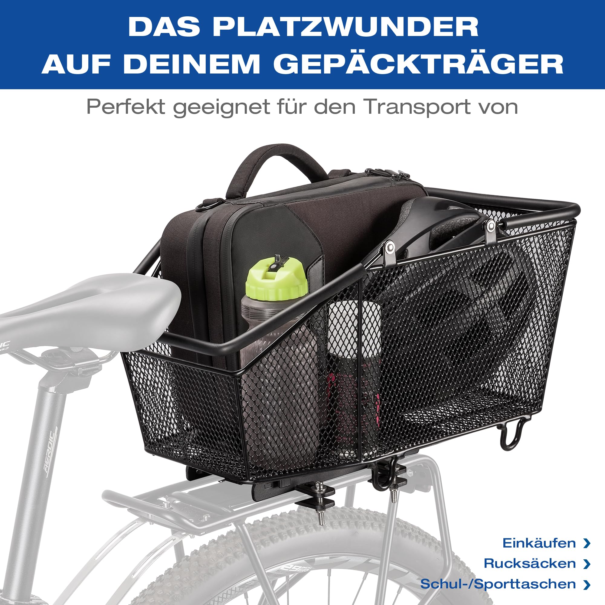 GEWAGE Fahrradkorb hinten, Großer Gepäckträger Korb abnehmbar, mit exklusivem Schnellverschluss, Robustes Metallnetz, bis 20 kg