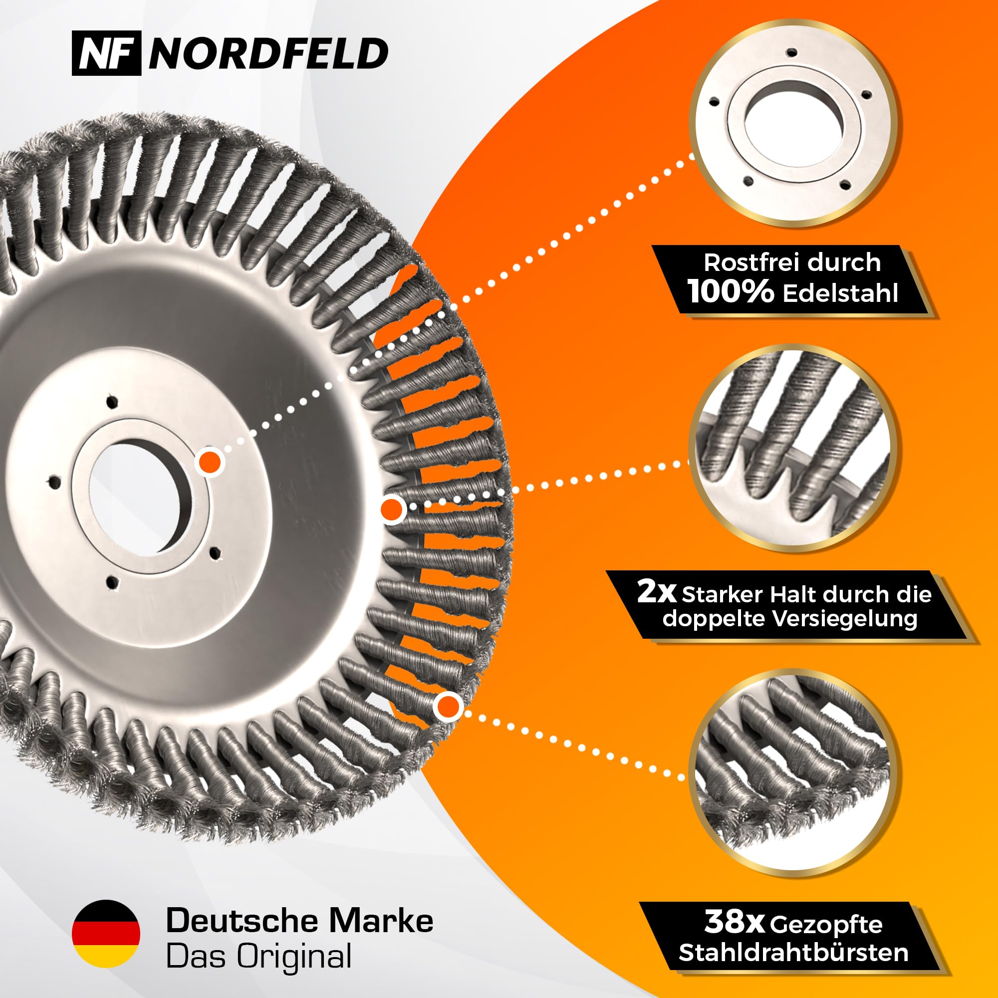 NORDFELD Profi Unkrautbürste für Freischneider mit 25,4mm Bohrung - Hochwertige Wildkrautbürste für Motorsense - Effektive Moosentfernung mit Installationswerkzeug