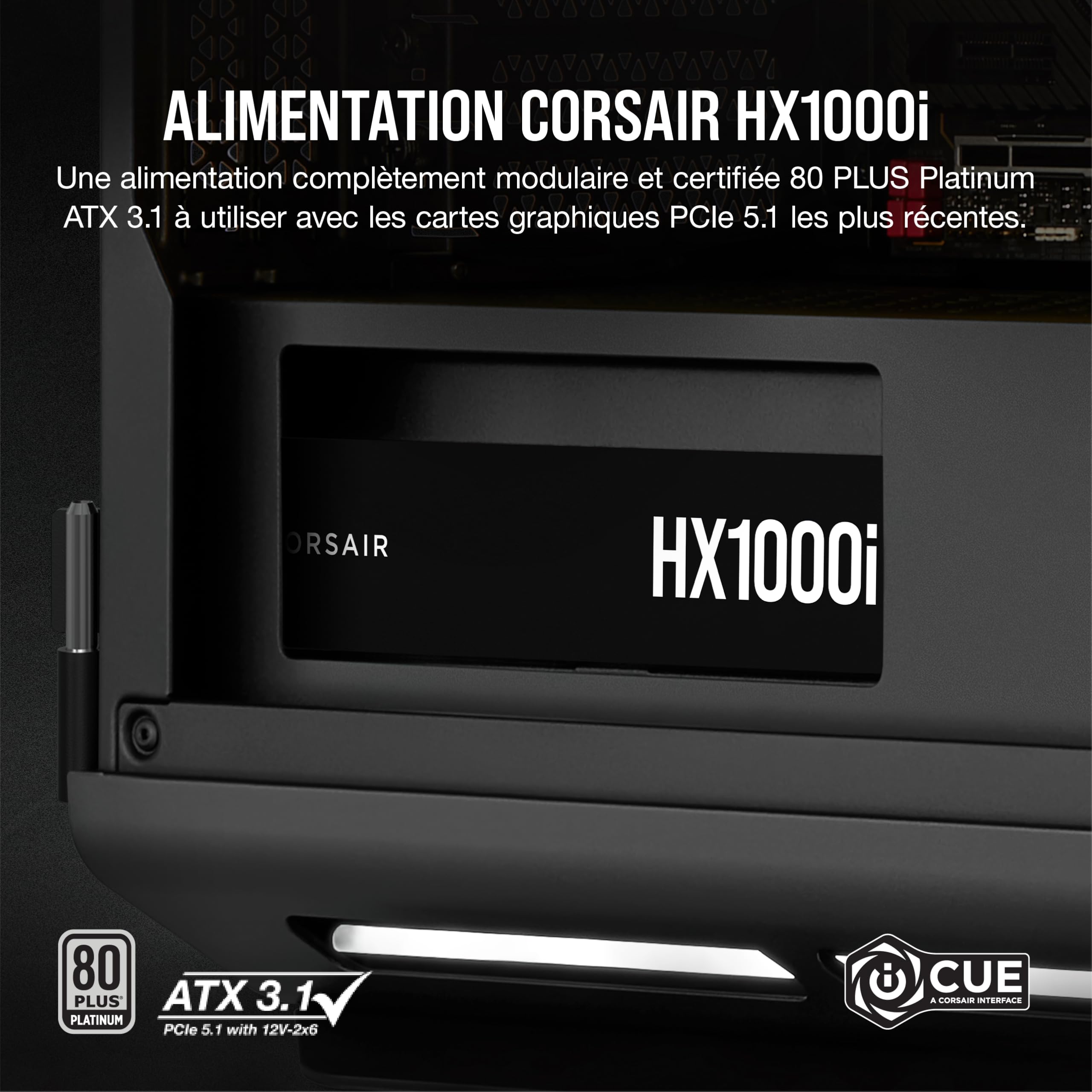 Corsair HX1000i Alimentation ATX Entièrement Modulaire – Noir | Efficacité 80 PLUS Platinum, À Très Faible Bruit, Compatible ATX 3.1 et PCIe 5.1, Compatible Avec le Logiciel CORSAIR Icue