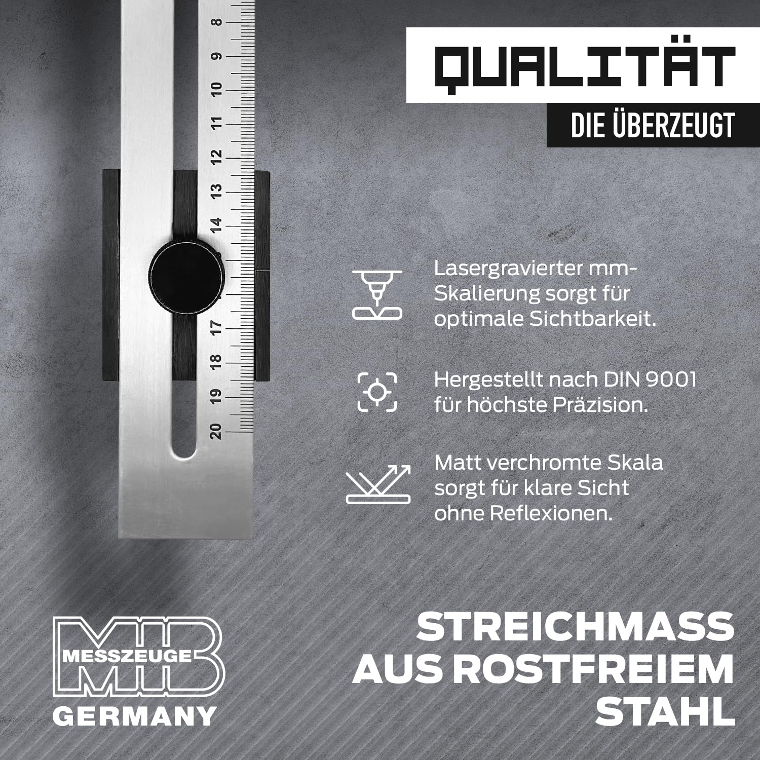 MIB Streichmaß aus rostfreiem Stahl 200 mm, DIN 9001 | Anreißwerkzeug für Tischler & Handwerker | Maßstab Lineal | Ergonomische Feststellschraube | Skala matt verchromt & lasergraviert