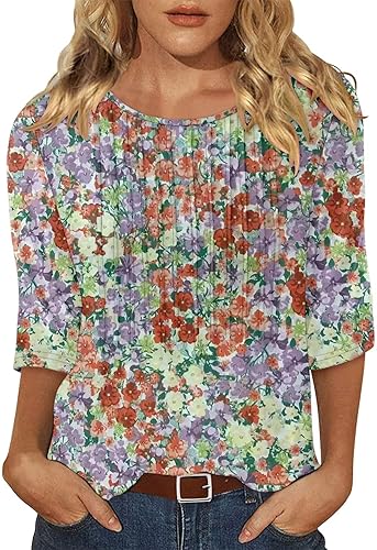 KISSMODA Tunic Tops for Women Loose Fit Dressy Round Neck Pleated 3/4 Length Sleeve Spring Tops