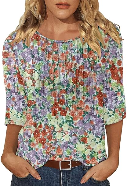 KISSMODA Tunic Tops for Women Loose Fit Dressy Round Neck Pleated 3/4 Length Sleeve Spring Tops