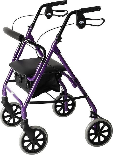 Days Lightweight Folding Four Wheel Rollator, Mobility Walker with Padded Seat, Lockable Brakes and Carry Bag, Limited Mobility Aid, For Elderly or Disabled, Purple, 105/Medium
