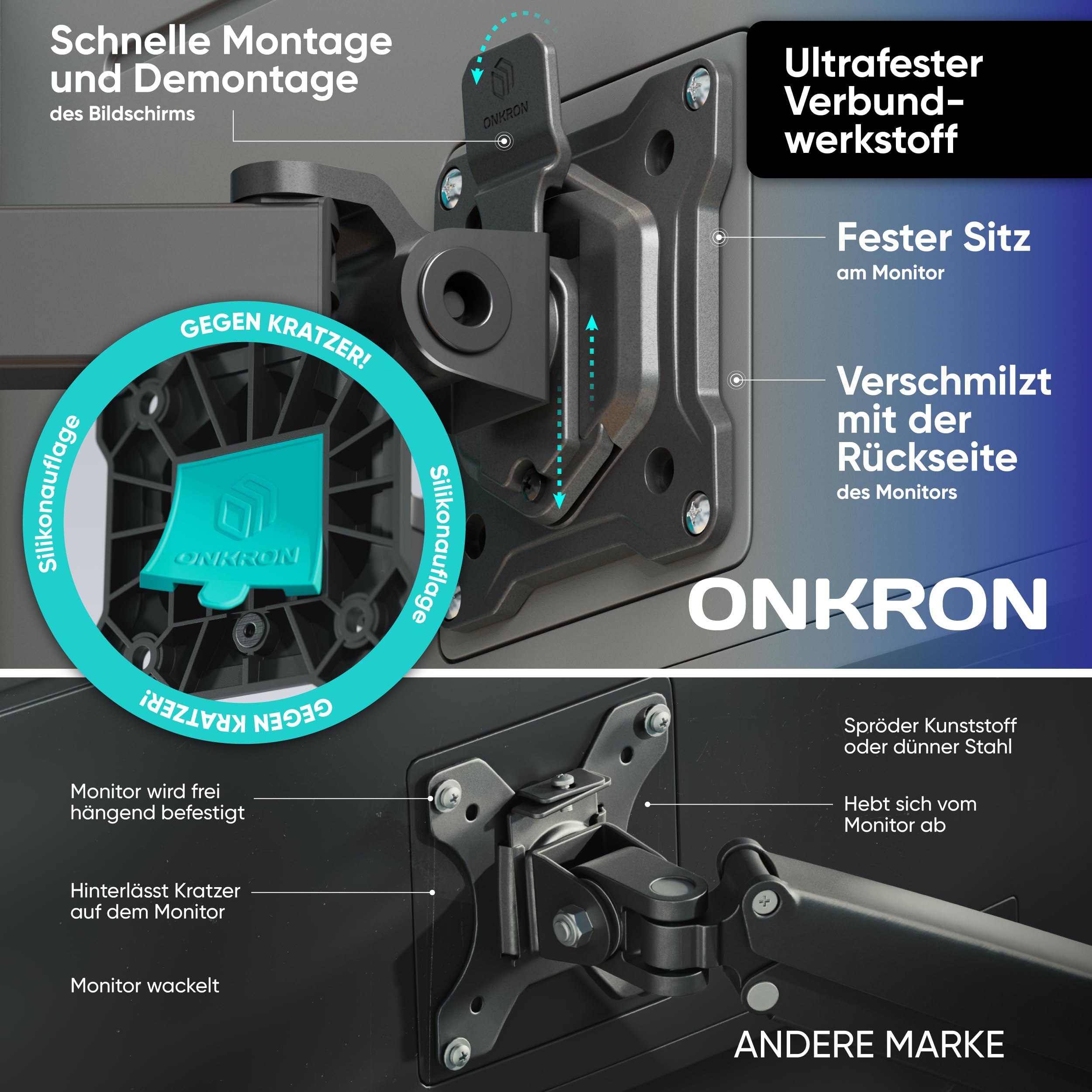 ONKRON 4-Fach Monitorhalterung 13-32", 8 kg (x4), max VESA 100x100, D421E-B | Monitorarm für 4 Bildschirme, bis 87 cm höhenverstellbar, schwenkbar, drehbar, Klemm-/Bohrmontage; für Büro & Multitasking