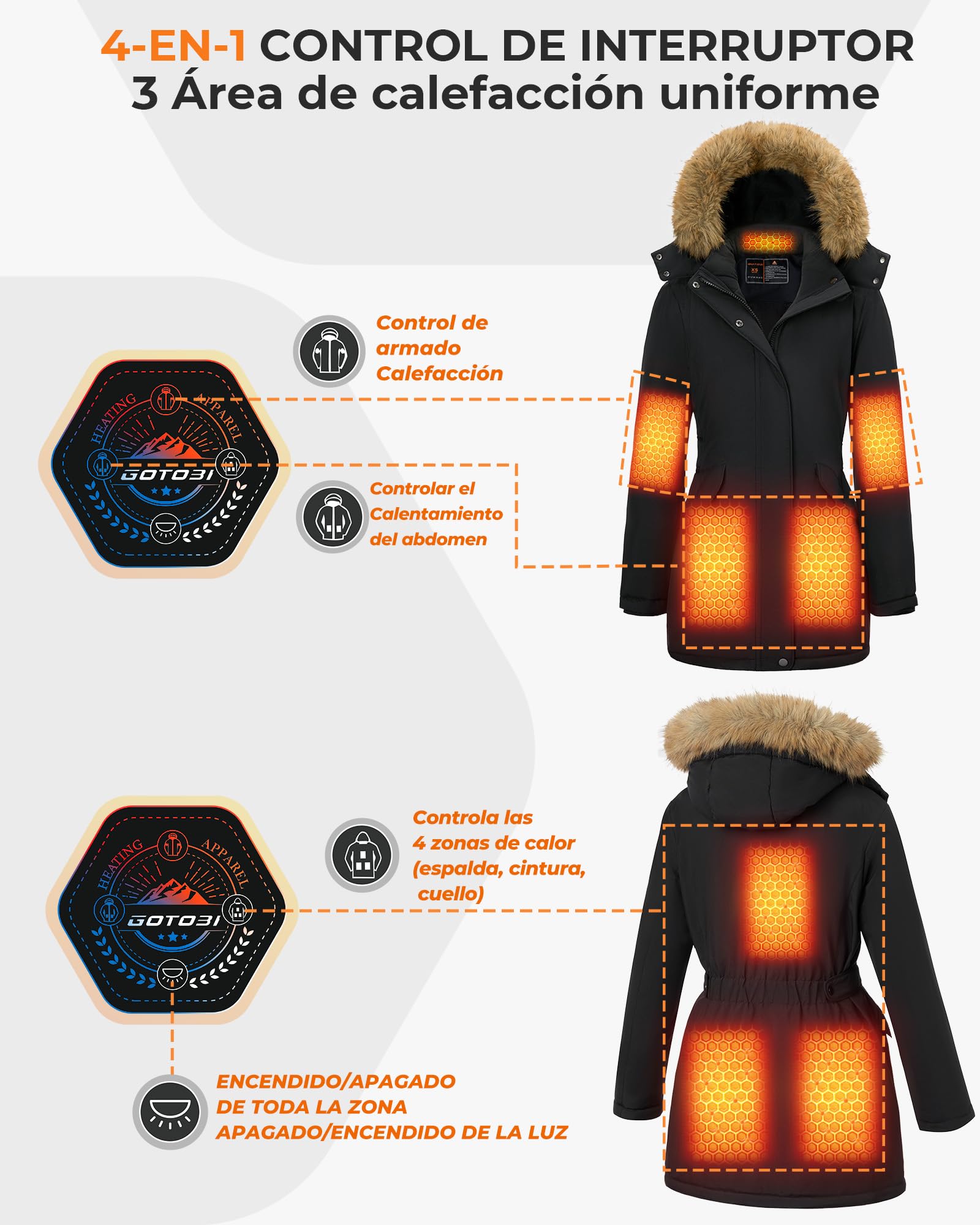 Chaqueta Calefactable Mujer Con Batería De 12V 18400 Mah, 8 Zonas De Calentamiento con 3 Niveles de Temperatura, Chaqueta Cortaviento y Cálido de invierno con Capucha de ExtraíBle,Negro,S