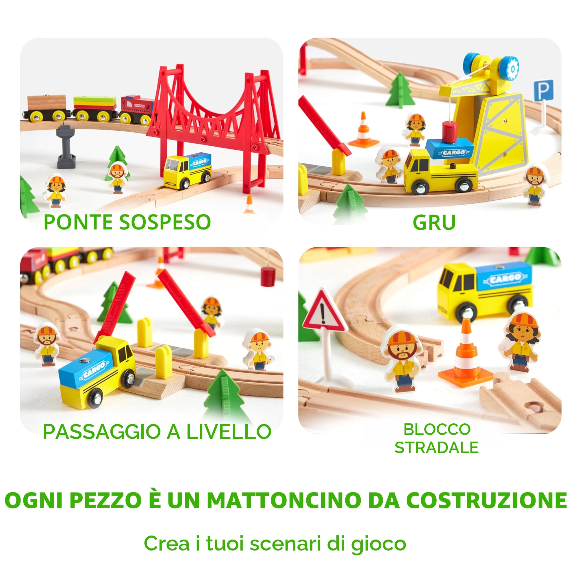 SYNCFUN 60 pezzi Montessori Set di Treni in Legno Giocattolo per Bambini 3 4 5 6, Pista Macchinine, Ferrovia Ingegneristica con Gru Magnetica, Treni e Accessori, Regalo per Bambini e Bambine