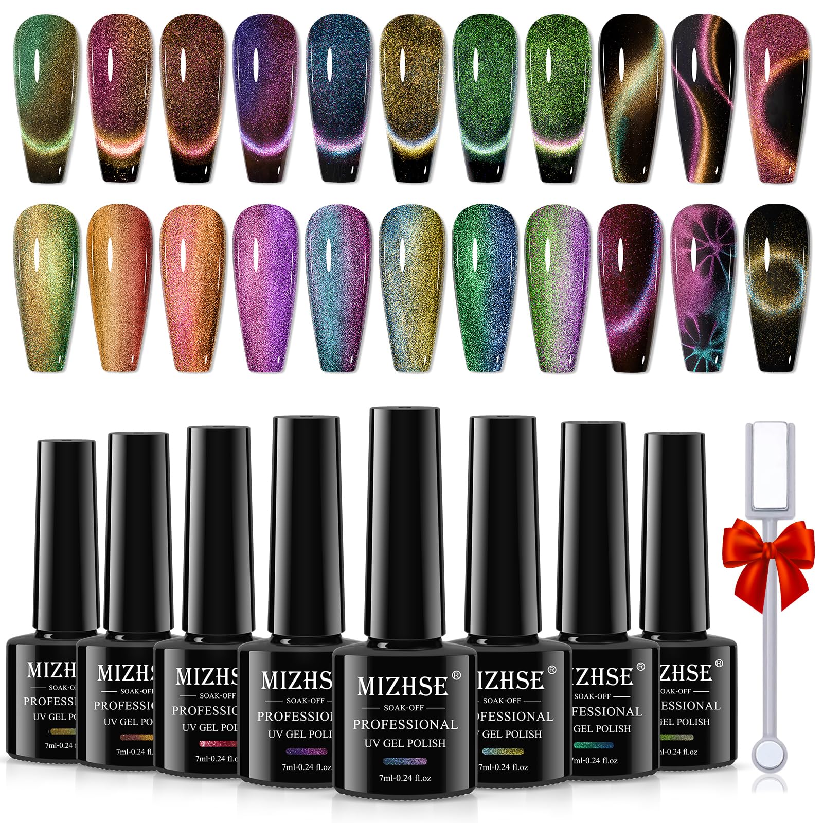 MIZHSE 9D Cat Eye Gel Nail Polish, 8 Colors Magnetic Gel Polish Set with Magnet, Starry Series Galaxy Effect Cateye Soak Off Nail Art Salon Manicure