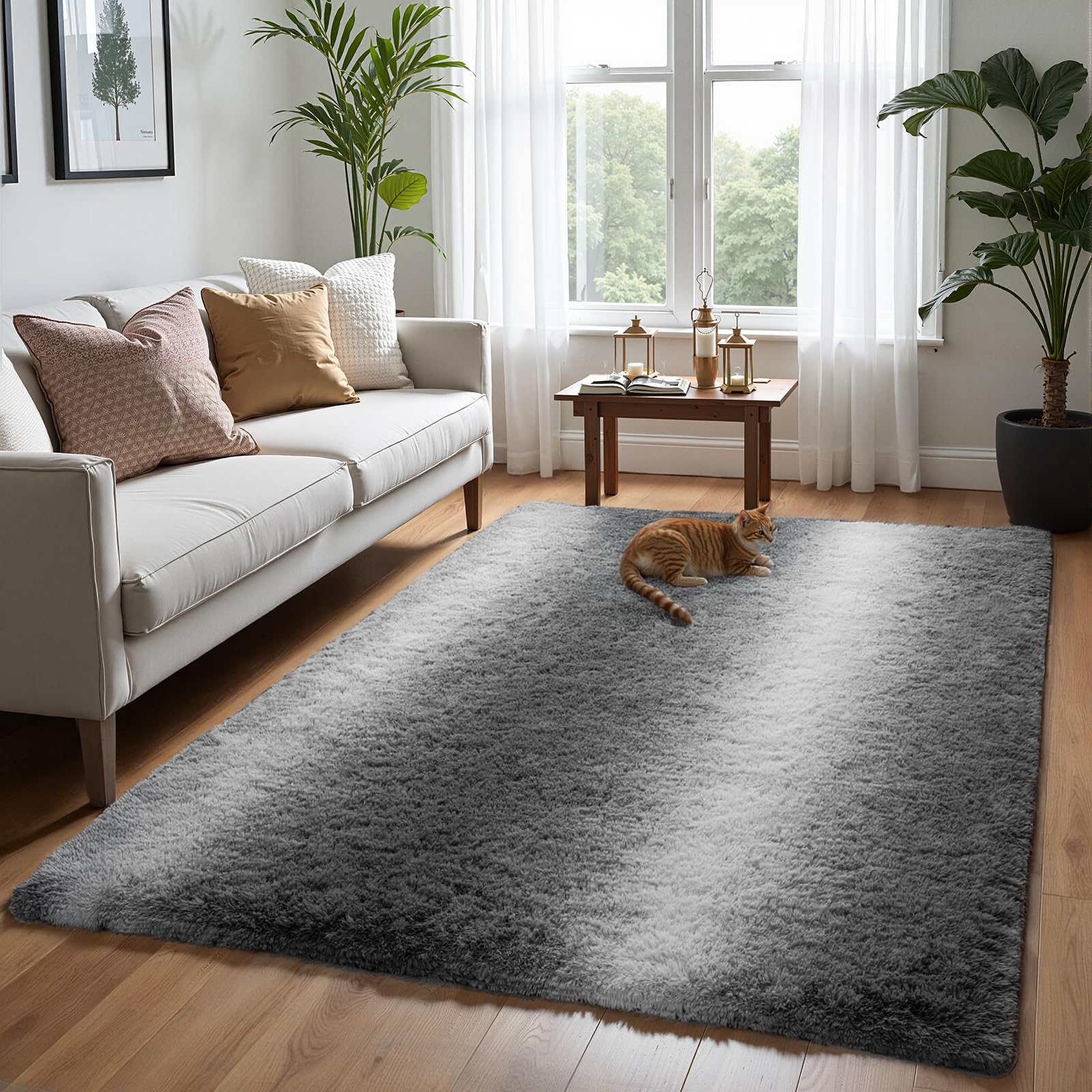 Zentavio Grey White Gradient Area Rugs for Living Room, Rugs for Bedroom 4x6 Fluffy Carpet Soft Shag Aesthetic Plush High Pile Gray Throw Rug for Nursery Kids Room Dorm