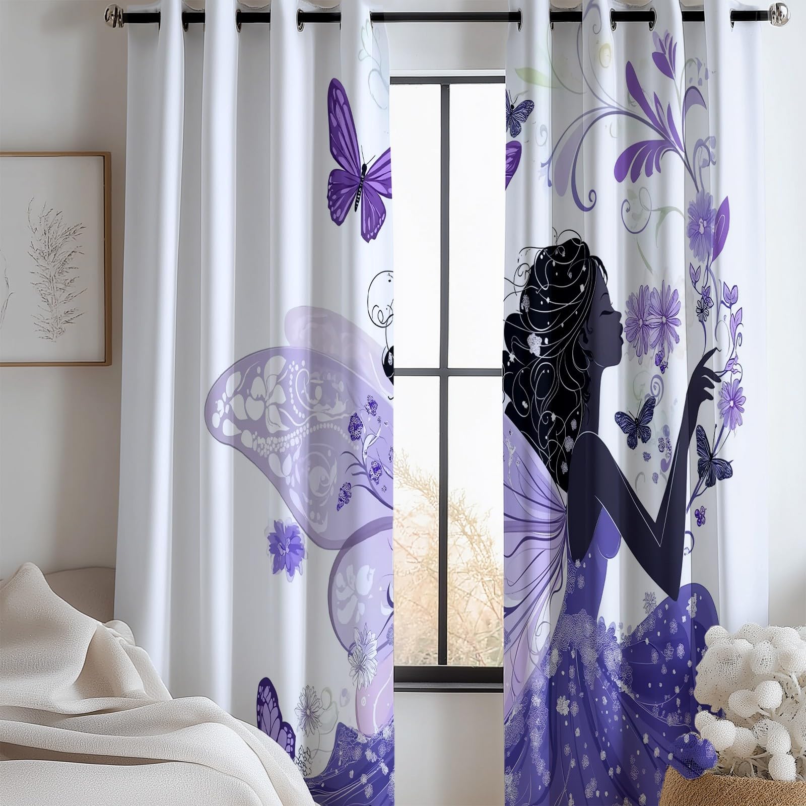 100% Blickdichte Gardinen H215 x B110 cm (2er Set), Traum-Cartoon-Fee, Gegen Hitze und Kälte für ungestörten Schlaf, Lila