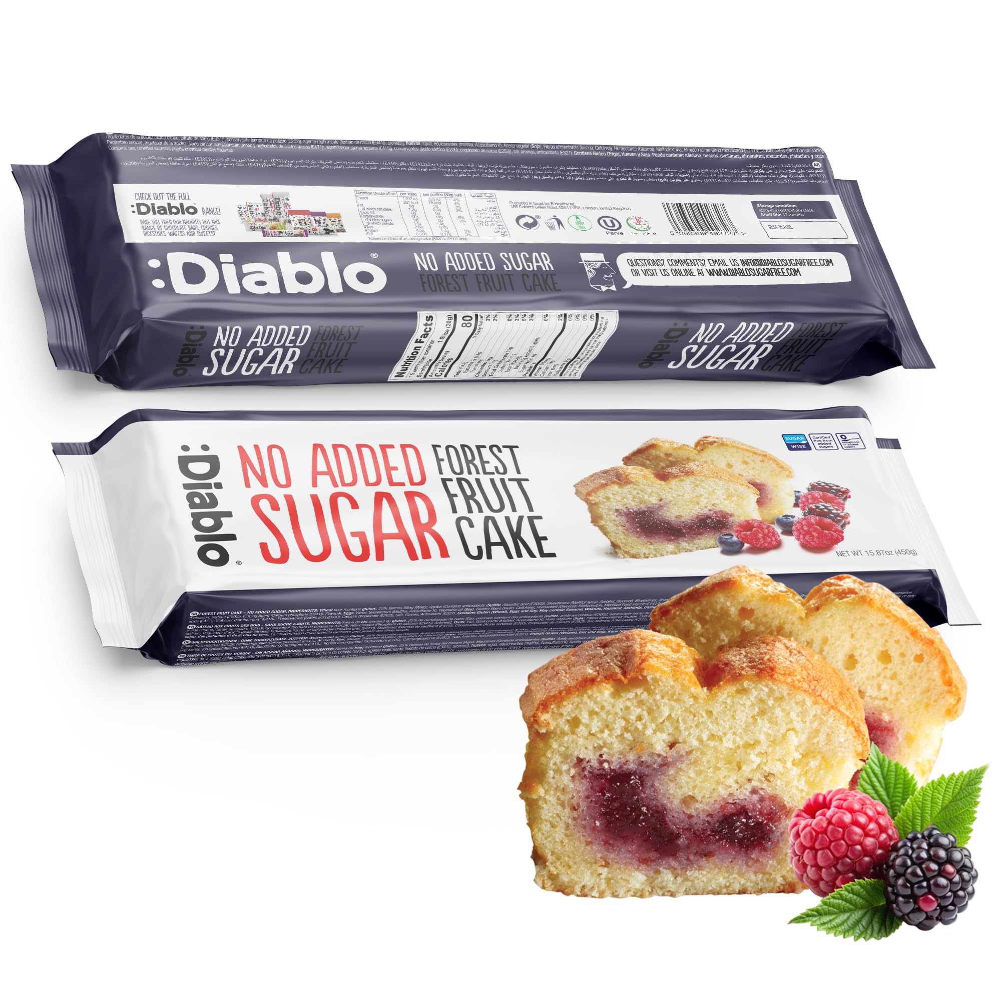 Diablo Forest Fruit Cake | No Added Sugar | Sweetened with Maltitol - Perfect for Gifting | Halal & Kosher Approved | 1 Packet 450g