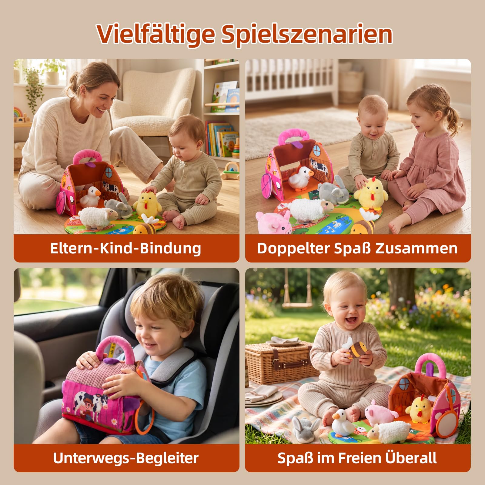 Baby Bauernhof Spielzeug ab 6 Monate, mit 6 Sensorik Plüschtiere und Faltbare Scheune, Quietsch & Rassel Montessori Spielzeug Baby, Geschenk für 6 9 12 Monate 1 Jahr Junge Mädchen